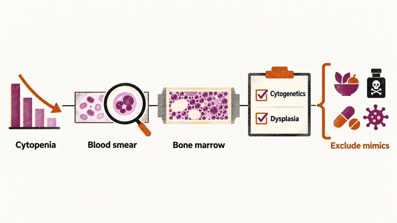 A left-to-right route from a falling count through a blood smear and bone marrow to a criteria card marked cytogenetics and dysplasia, with an excluded-mimics label at the side.