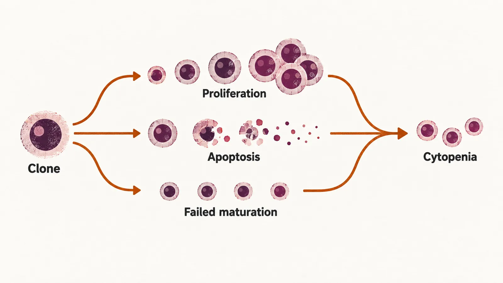 A plum clone cell branches into three paths, proliferation, apoptosis and failed maturation, which merge into one thin channel ending in cytopenia.