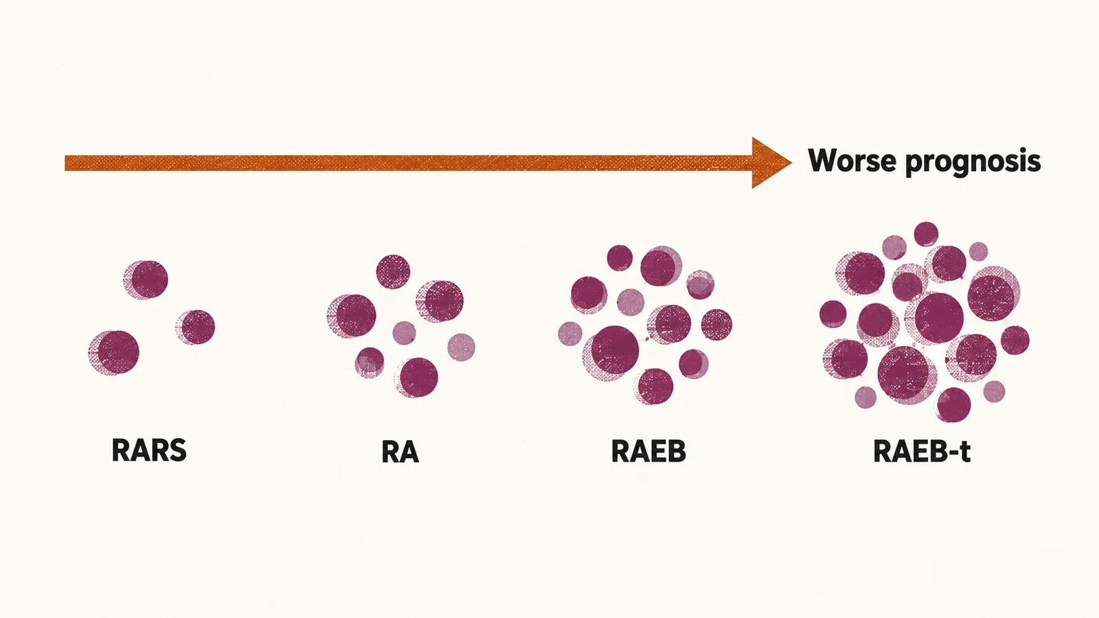 Four subtype markers in a row, RARS, RA, RAEB and RAEB-t, with cell groups growing denser to the right and a saffron arrow marking worse prognosis.