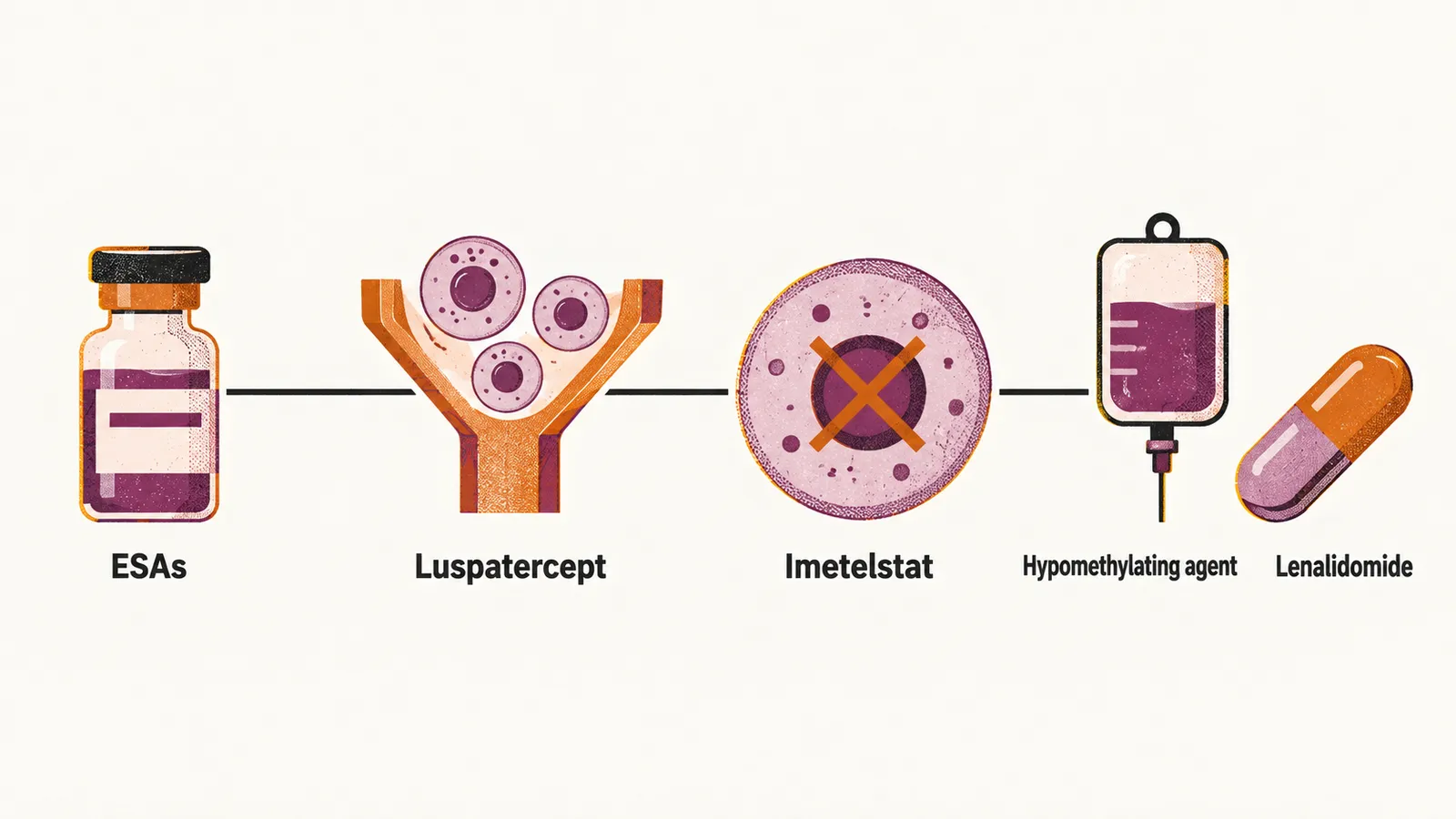 A left-to-right sequence of a vial for ESAs, a trap shape for luspatercept, a blocked cell for imetelstat, and a fallback station for a hypomethylating agent or lenalidomide.