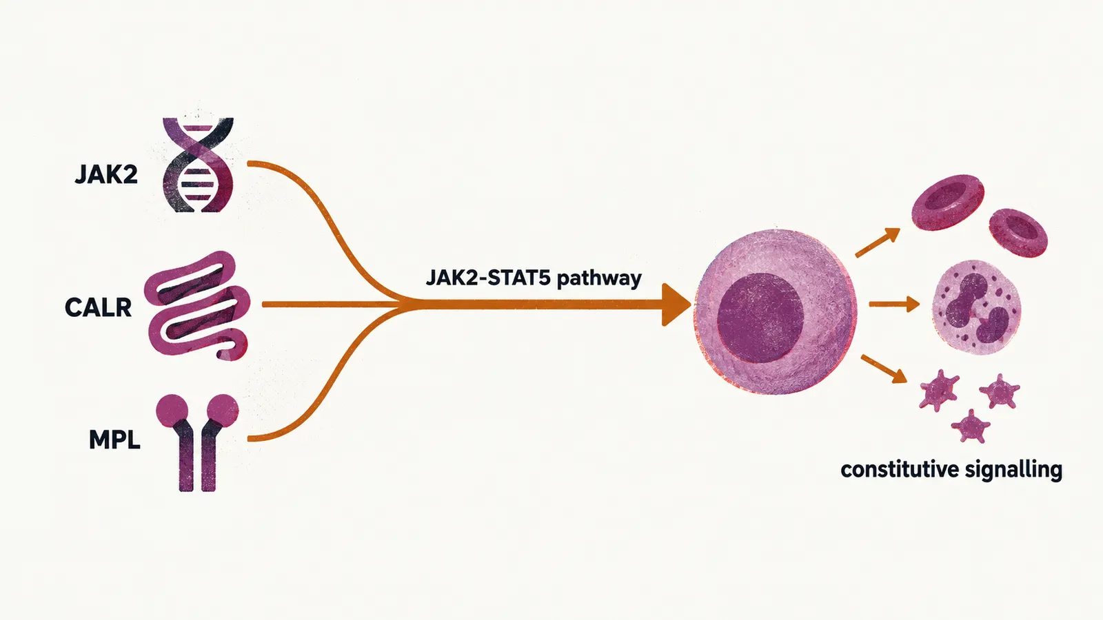 Three labelled gene icons send arrows that merge into the JAK2-STAT5 pathway arrow entering a cell, which then releases blood cell shapes.