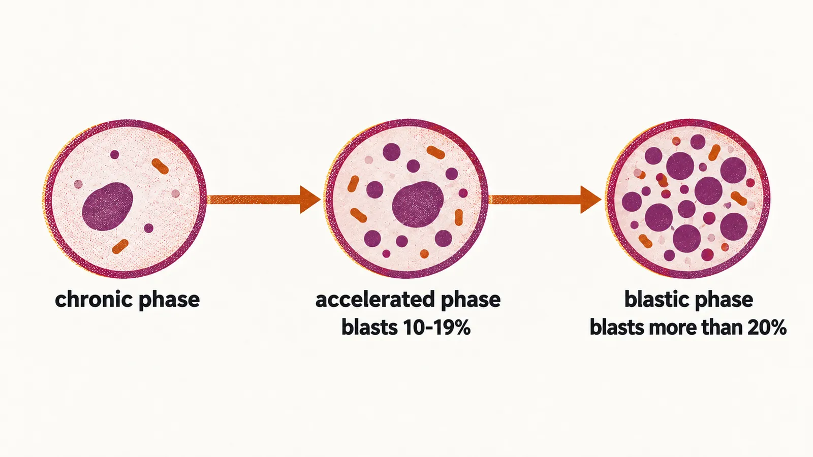 A timeline of three cells moving from the chronic phase through the accelerated phase to the blastic phase, marked with rising blast percentages.
