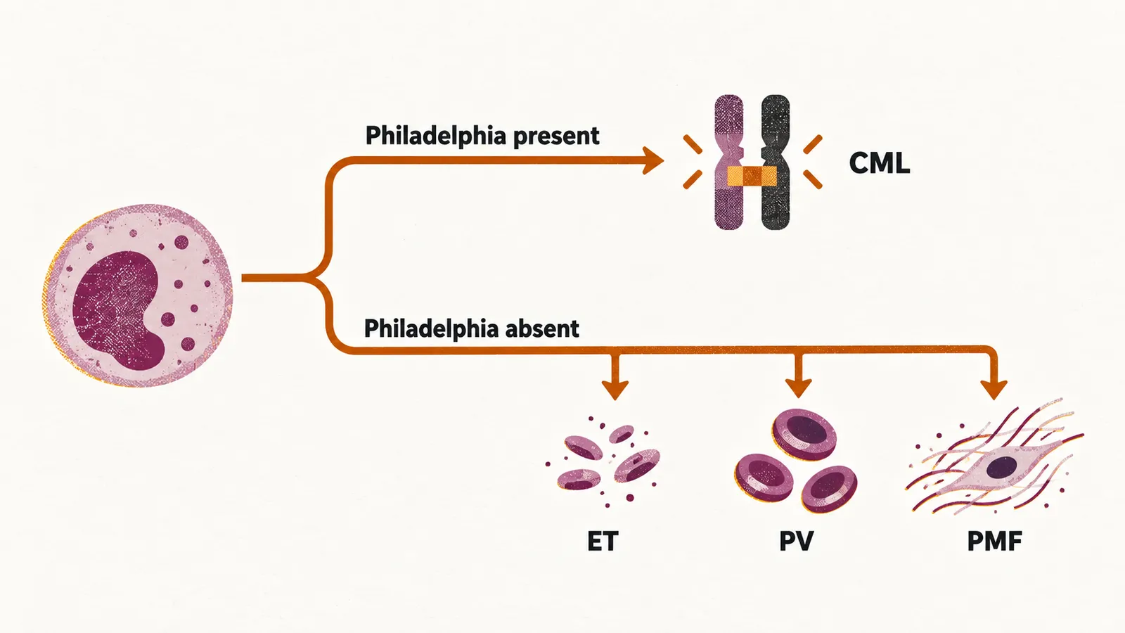 A left-to-right route where a cell forks into Philadelphia-positive CML and Philadelphia-negative MPNs, then into ET, PV and PMF.