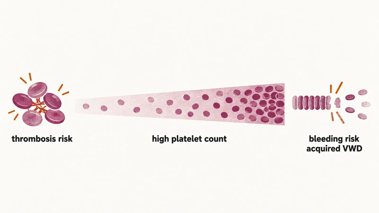 A spectrum from thrombosis risk at a lower platelet count to bleeding risk with acquired von Willebrand disease at a very high count.