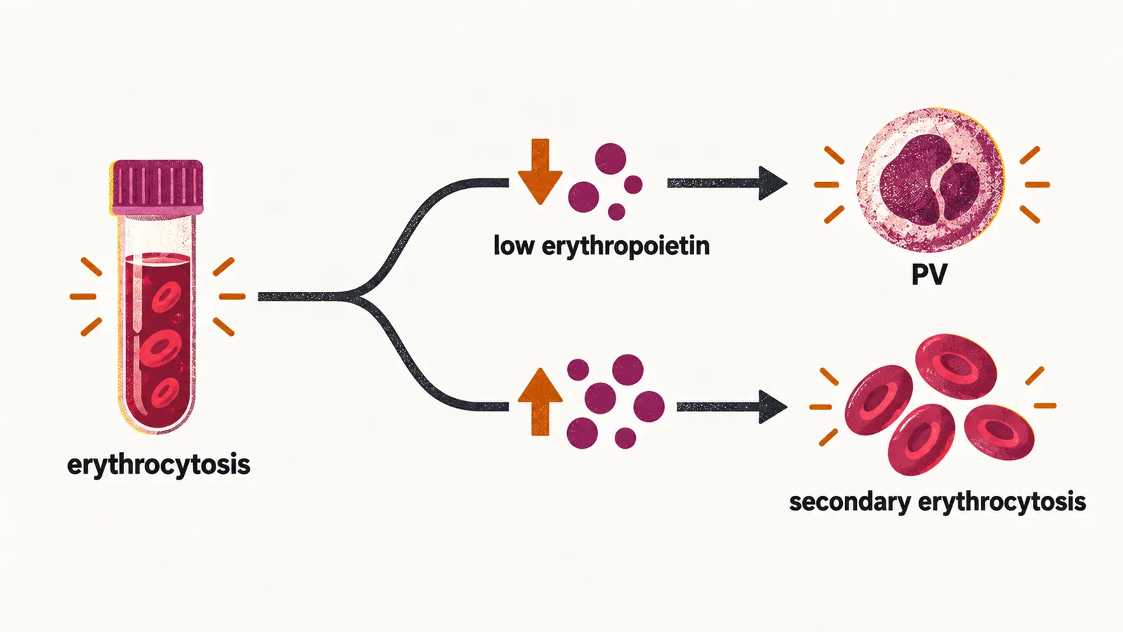 An erythrocytosis sample forks by erythropoietin level, low pointing to polycythemia vera and normal or high pointing to secondary erythrocytosis.
