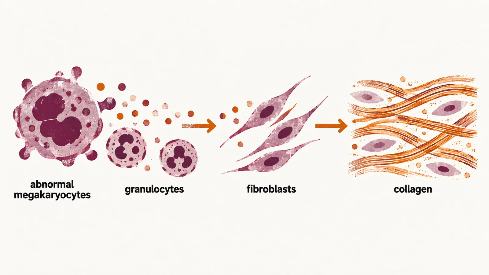 Abnormal megakaryocytes and granulocytes release signals that recruit fibroblasts, which then lay down collagen strands across the marrow.