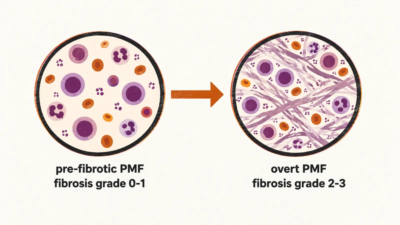 A cellular marrow with little fibrosis progresses to a marrow filled with collagen strands, marking the pre-fibrotic and overt stages.