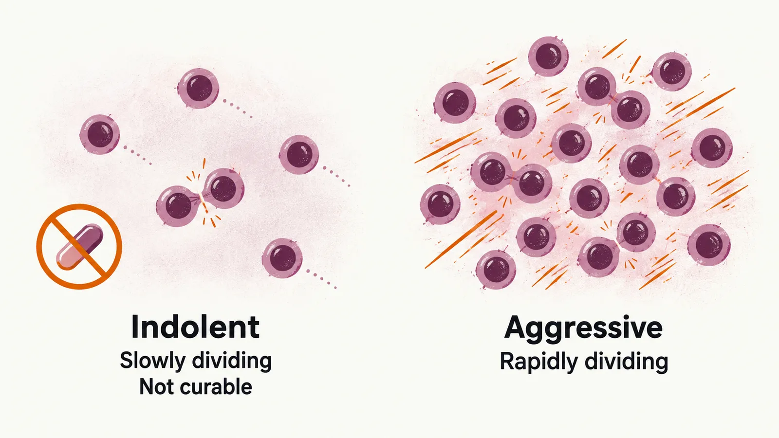 Two panels compare widely spaced indolent cells that divide slowly with a dense cluster of aggressive cells that divide rapidly