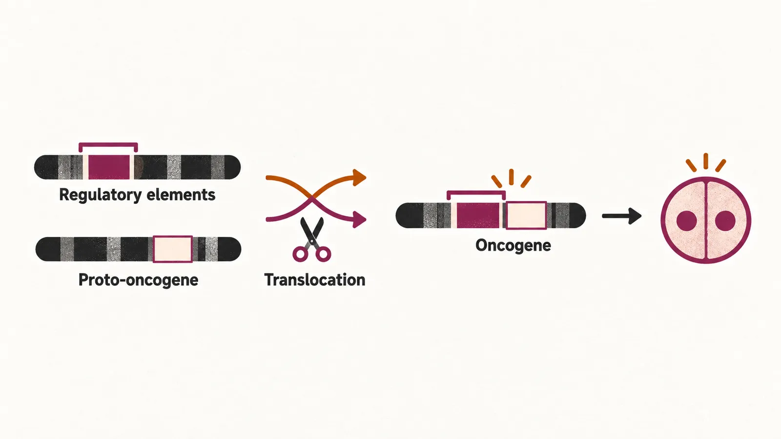 Two chromosome bars swap a segment so a plum regulatory bracket joins the oncogene square and switches it on