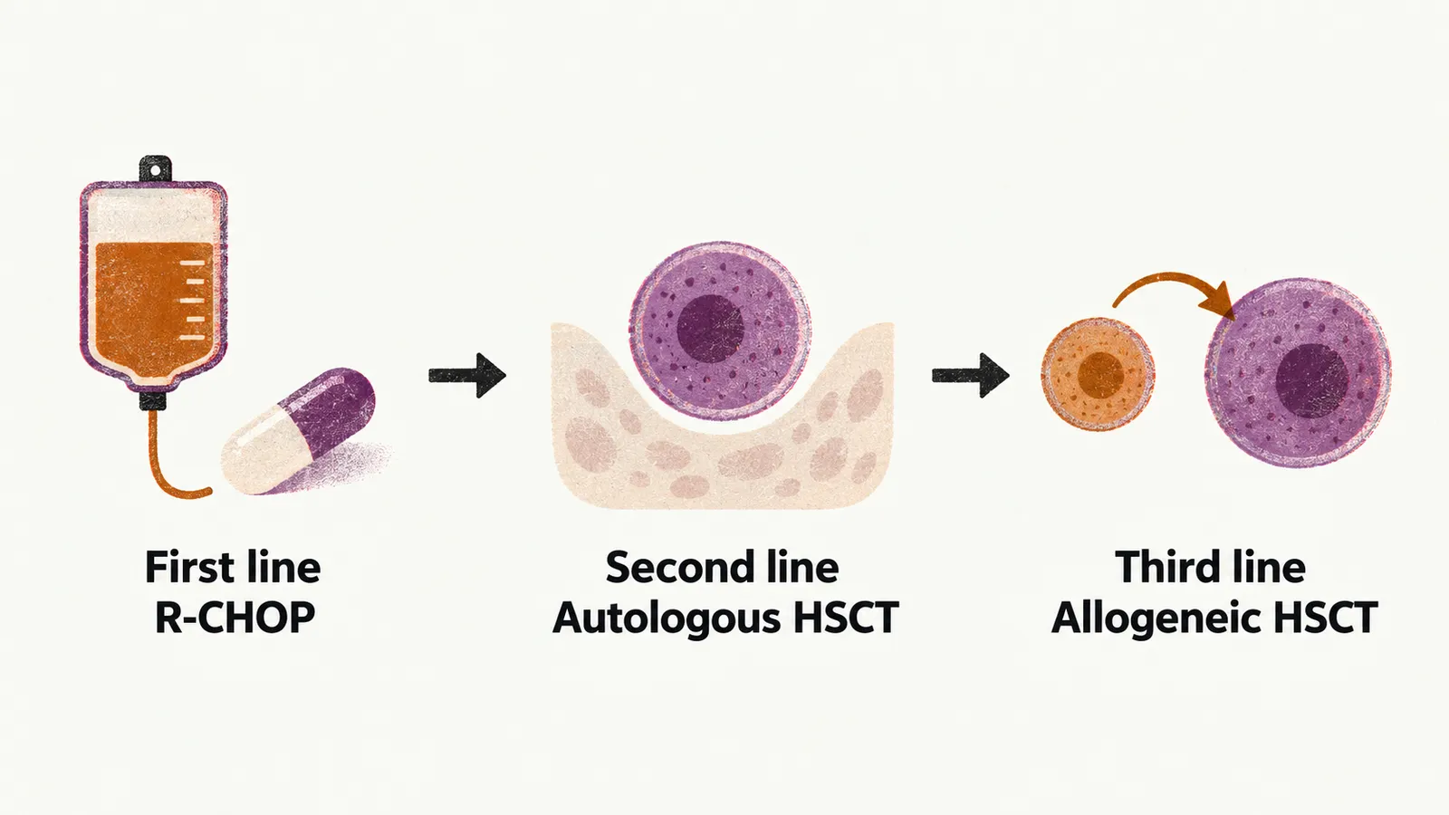 A left-to-right route of three stations shows first line R-CHOP, second line autologous HSCT and third line allogeneic HSCT