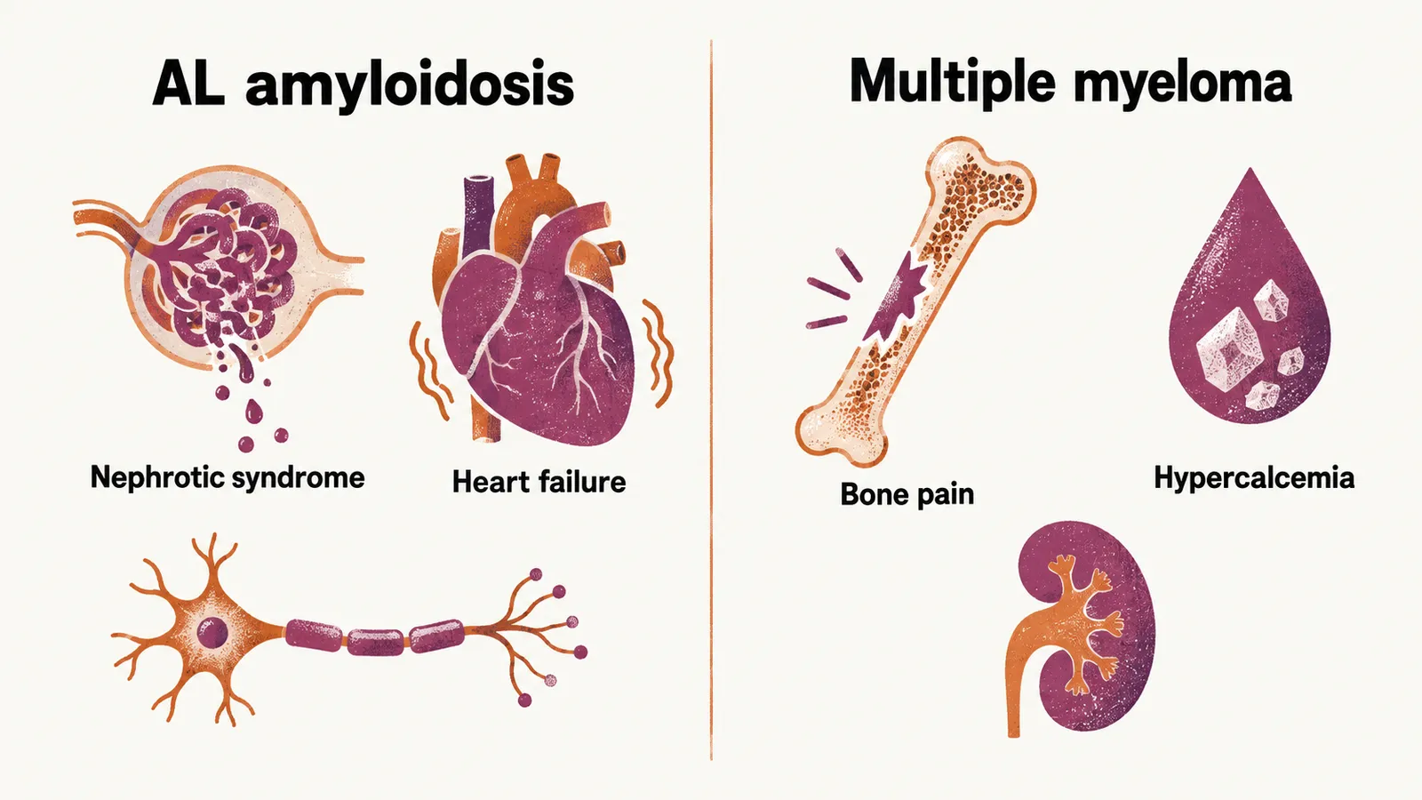 Two columns comparing AL amyloidosis, with heart failure and nephrotic syndrome, and multiple myeloma, with bone pain and hypercalcemia.