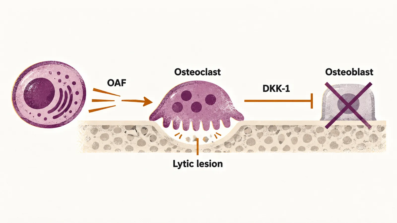 A bone surface with an osteoclast carving a notch and a blocked osteoblast, as myeloma cells release OAF and DKK-1.