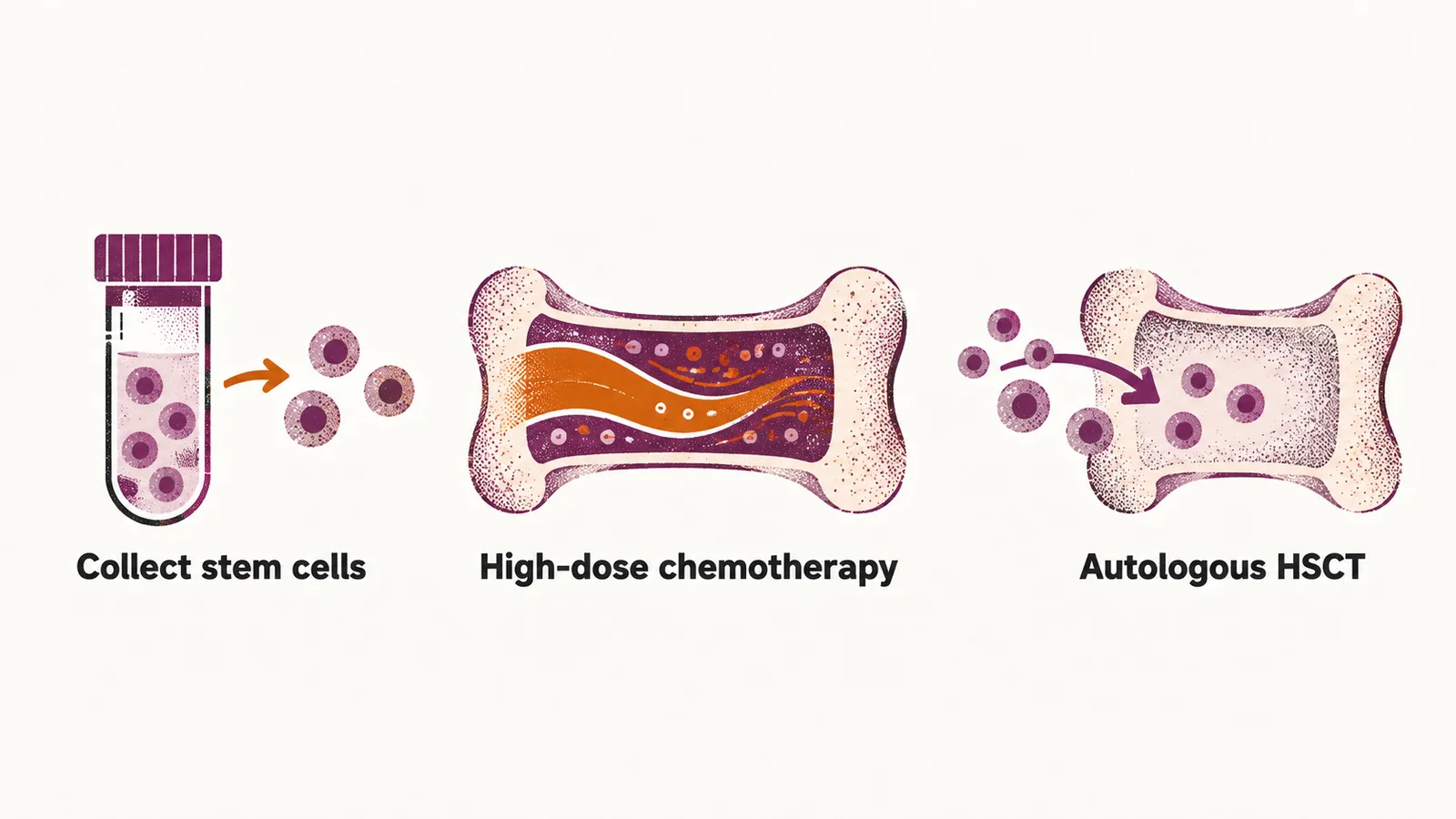 Three steps left to right, stem cells collected into a vial, chemotherapy clearing the marrow, then the cells returned to repopulate it.