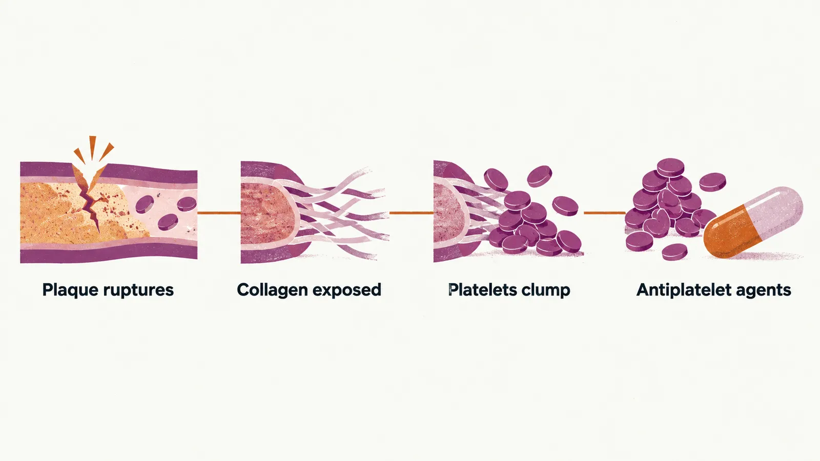 Four panels read left to right: a plaque in an artery wall cracks open, collagen strands are exposed, platelet discs grip them and clump into a cap, and a tablet sits beside the clump.