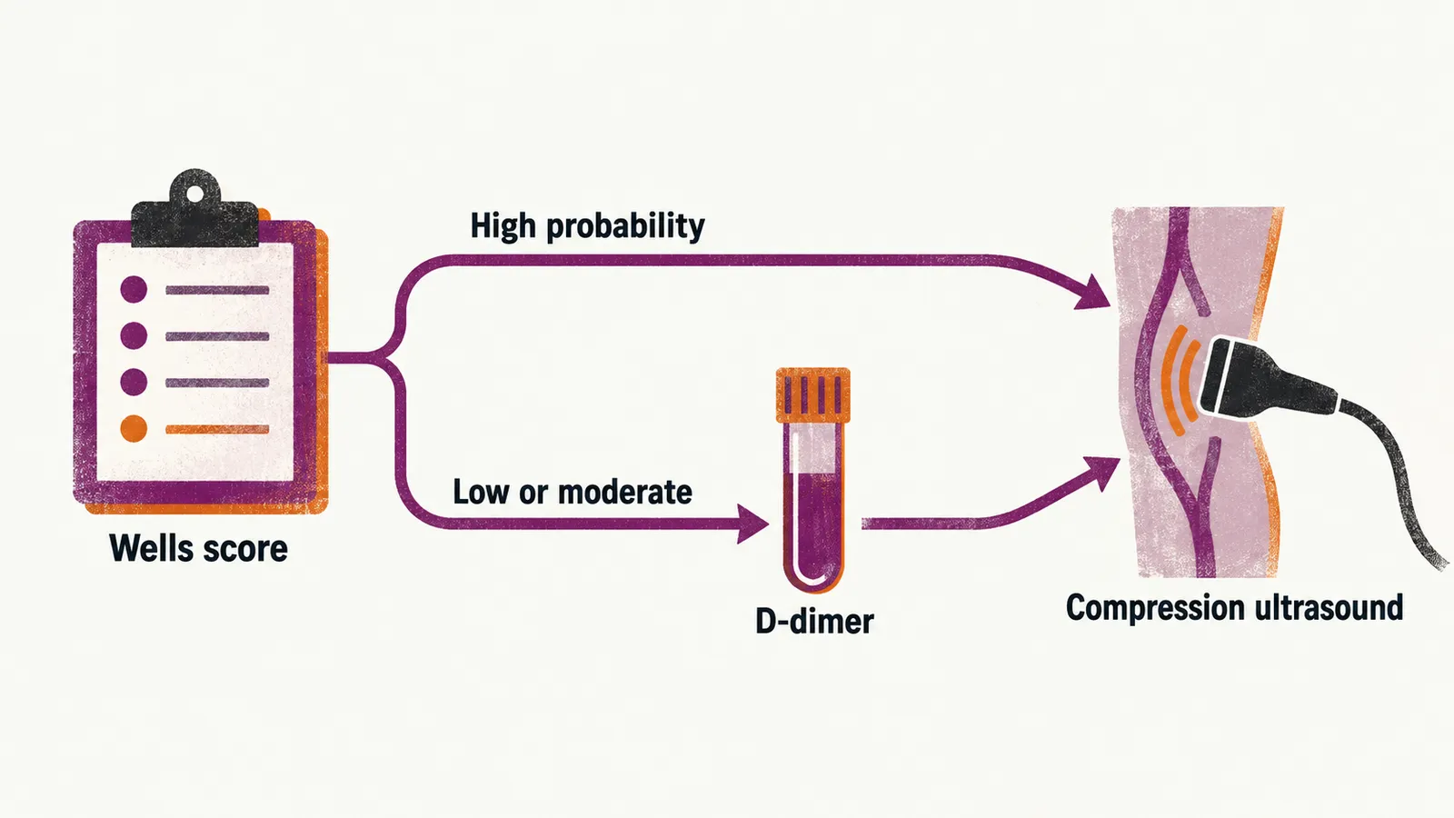 A branching pathway from a Wells score node: the low or moderate arm passes through a D-dimer test to compression ultrasound, the high arm leads straight to compression ultrasound.