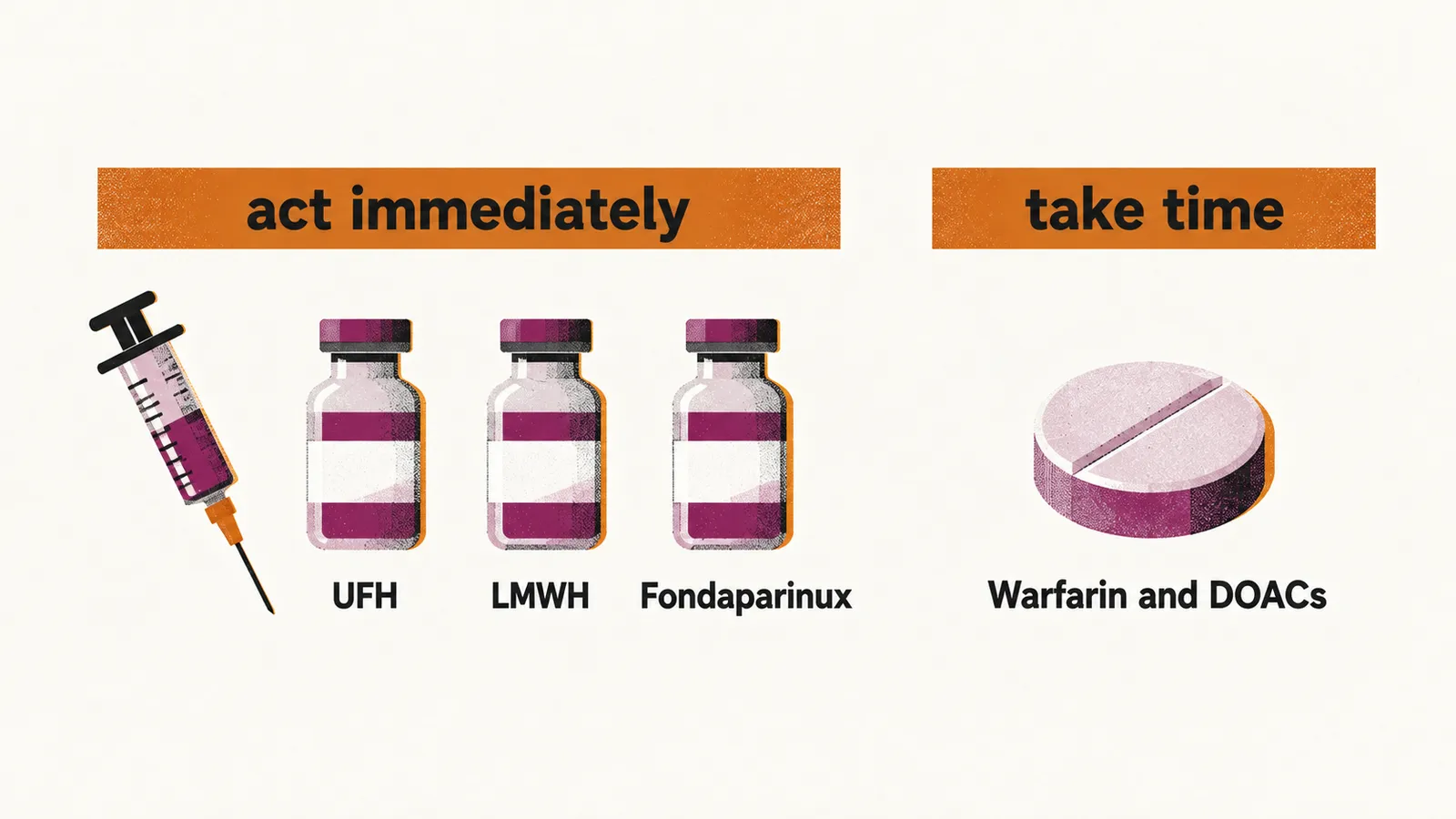Two groups side by side: a syringe beside three vials labelled UFH, LMWH and Fondaparinux with the words act immediately, and a tablet labelled warfarin and DOACs with the words take time.