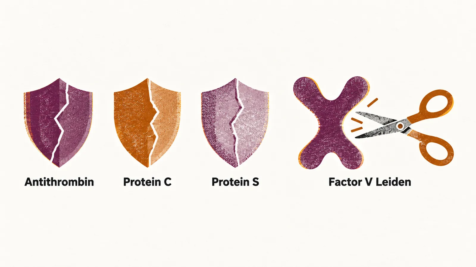 Two panels side by side: on the left three shield shapes labelled antithrombin, protein C and protein S carry cracks, on the right a factor V shape named factor V Leiden resists a pair of scissors.