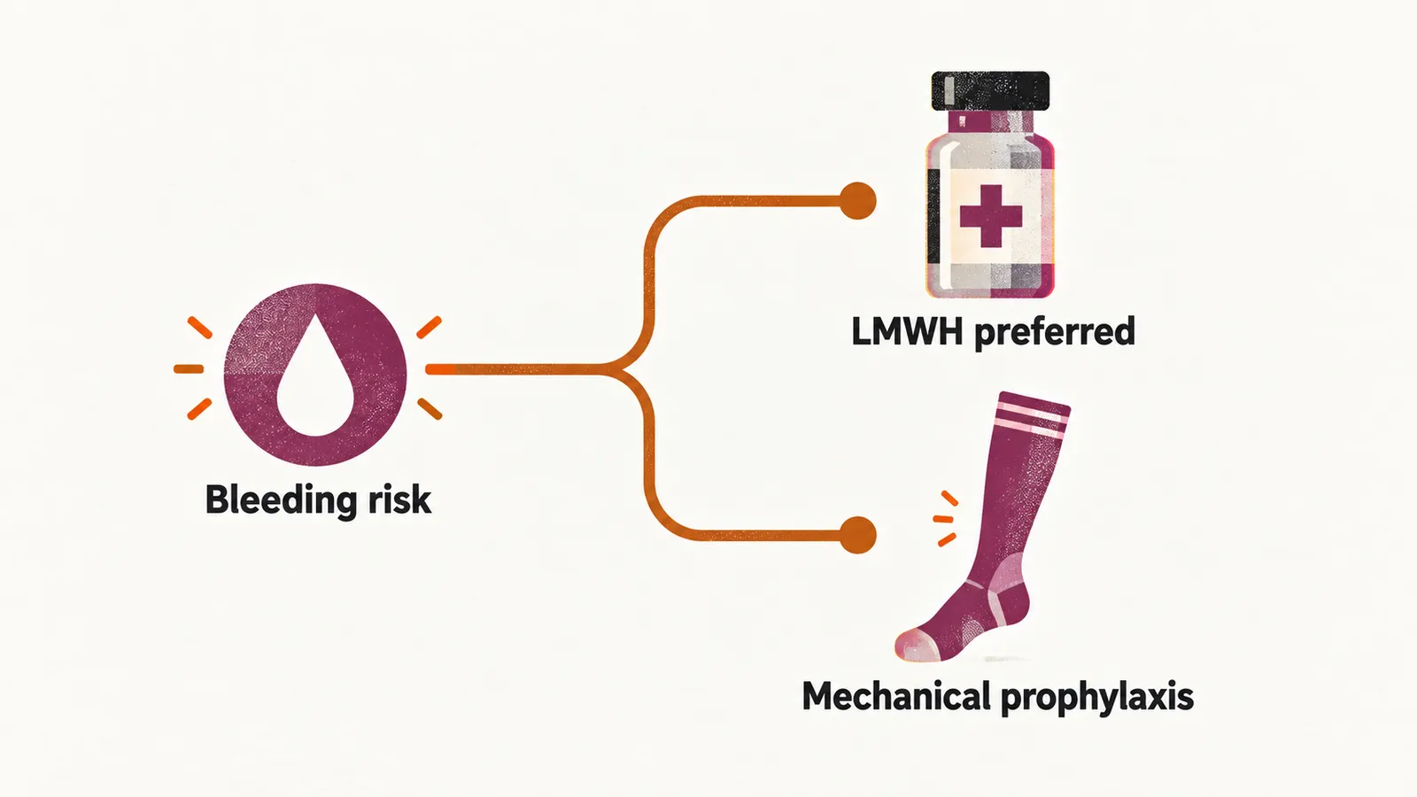 A branching diagram from a bleeding risk node: low bleeding risk leads to a prophylaxis vial labelled LMWH preferred, high bleeding risk to mechanical prophylaxis, a compression stocking.