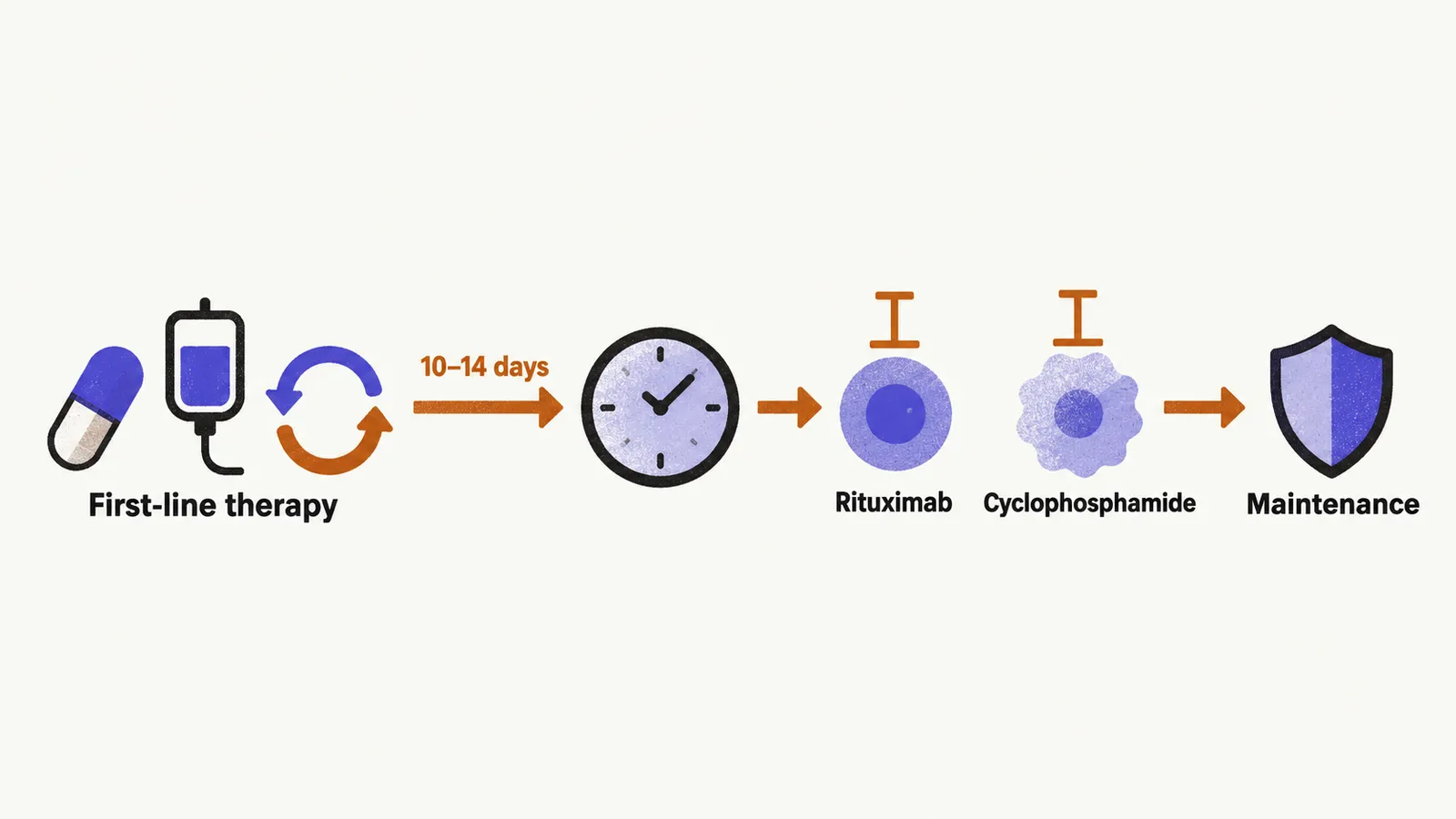 A left-to-right pathway from first-line steroids, IVIG and plasma exchange to escalation at 10–14 days and then maintenance.