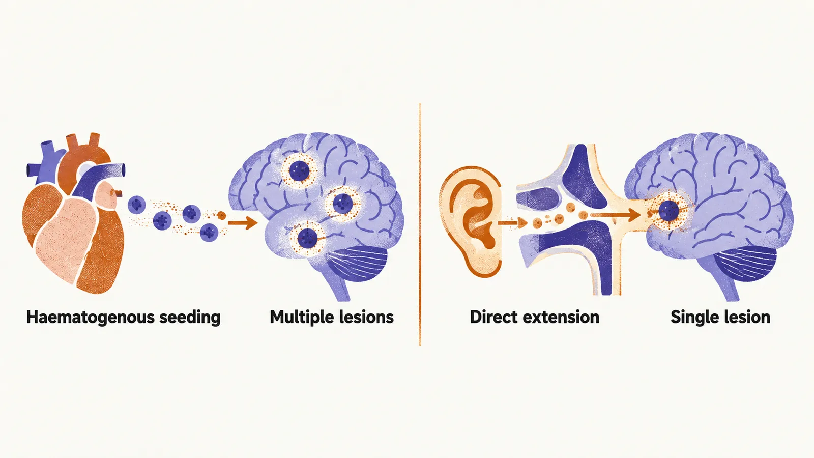 Two brain panels: a heart feeding three scattered pockets on the left, and an ear and sinus feeding one pocket at the edge on the right.
