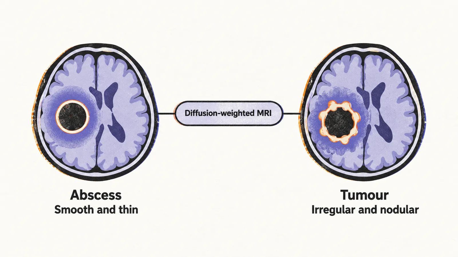 Two ring lesions: a smooth thin bright ring labelled abscess, and an irregular knobbly ring labelled tumour, with a diffusion-weighted MRI tag between them.