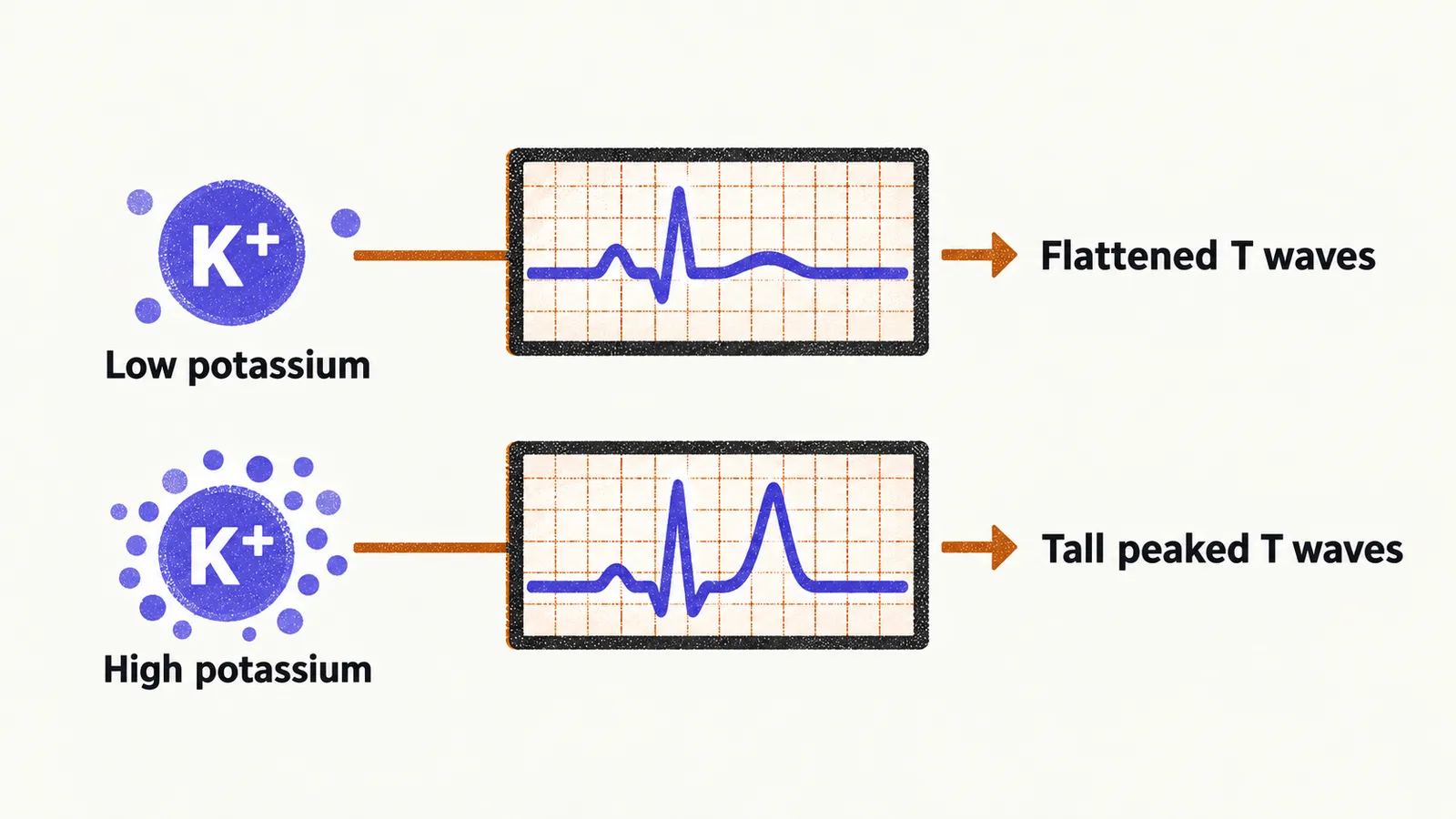 Two electrocardiogram traces, one flat with a shallow wave for low potassium, the other with a tall pointed peak for high potassium.