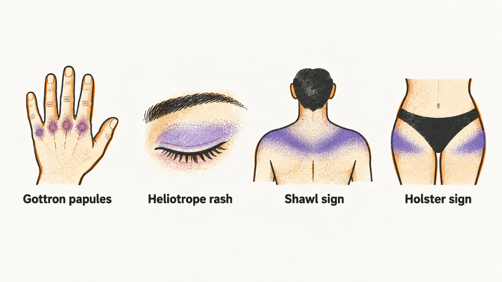 Four simple icons in a row, a hand with raised papules over its small joints, an eyelid with a violaceous band, a shoulder band, and a hip band.