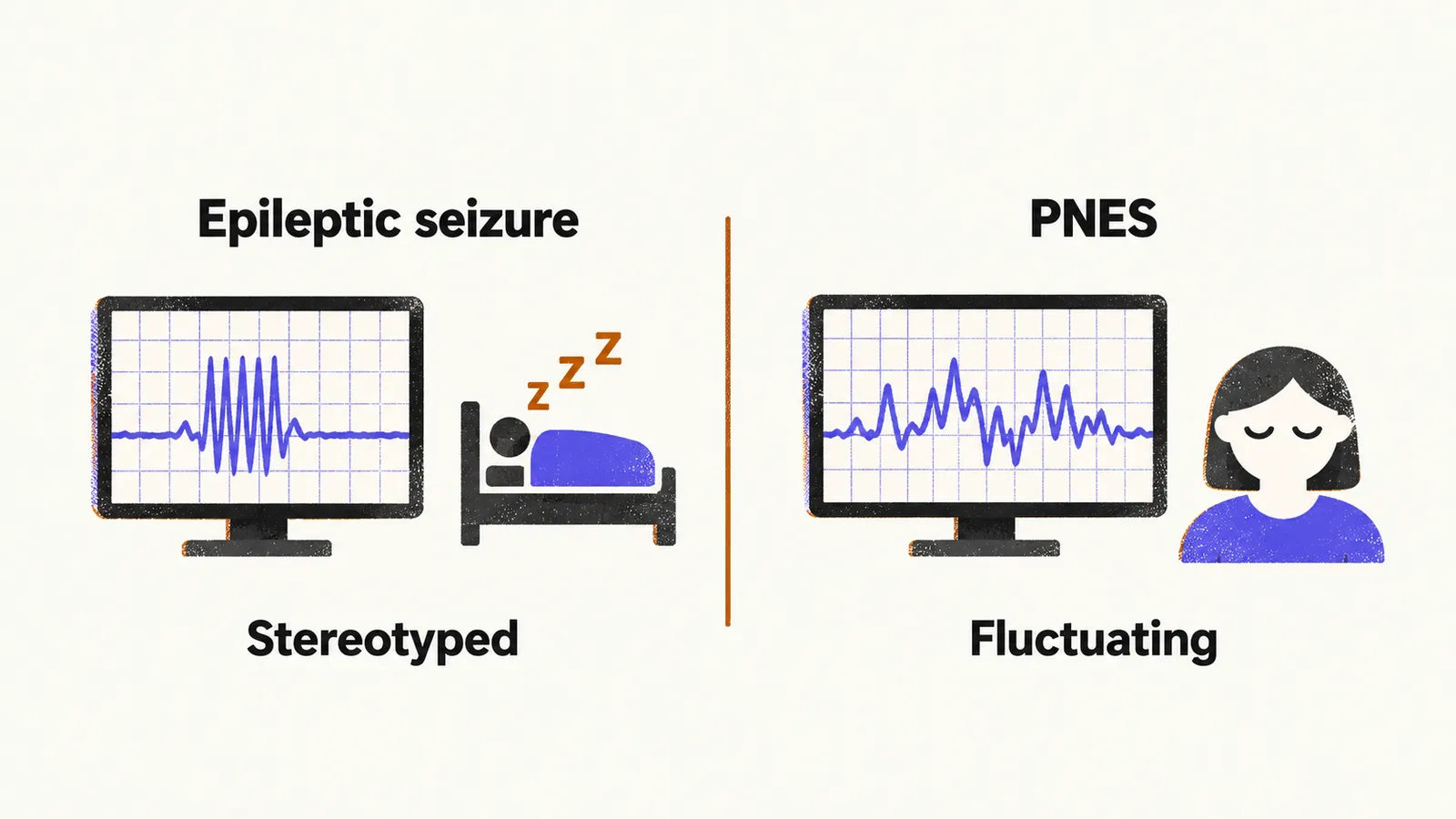 Two columns, an epileptic seizure as a short even burst with postictal sleep, and PNES as a long fluctuating trace.
