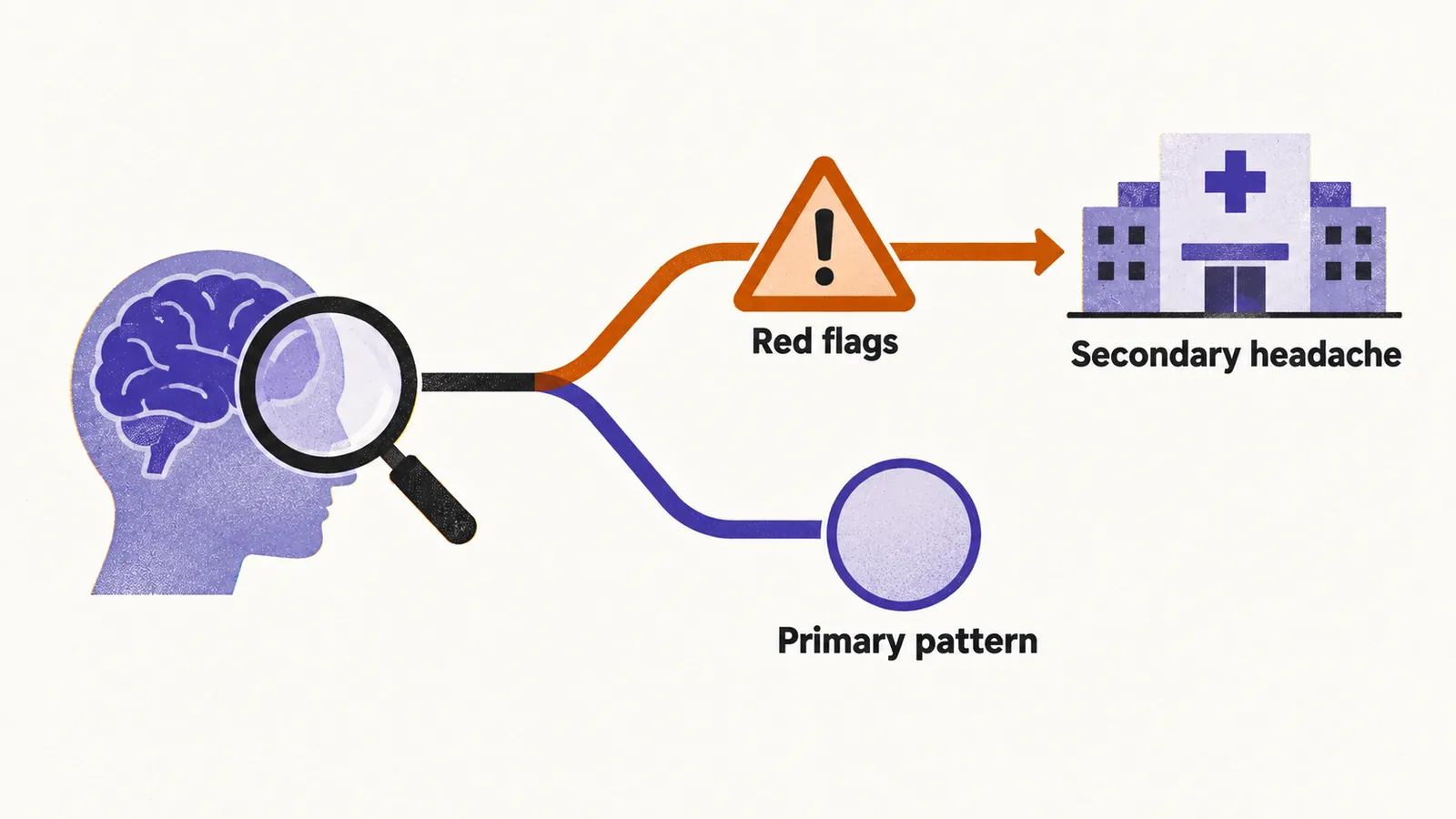 A head under a magnifier splits into two paths, a warning triangle for red flags leading to secondary headache, and a calm path to a primary pattern.
