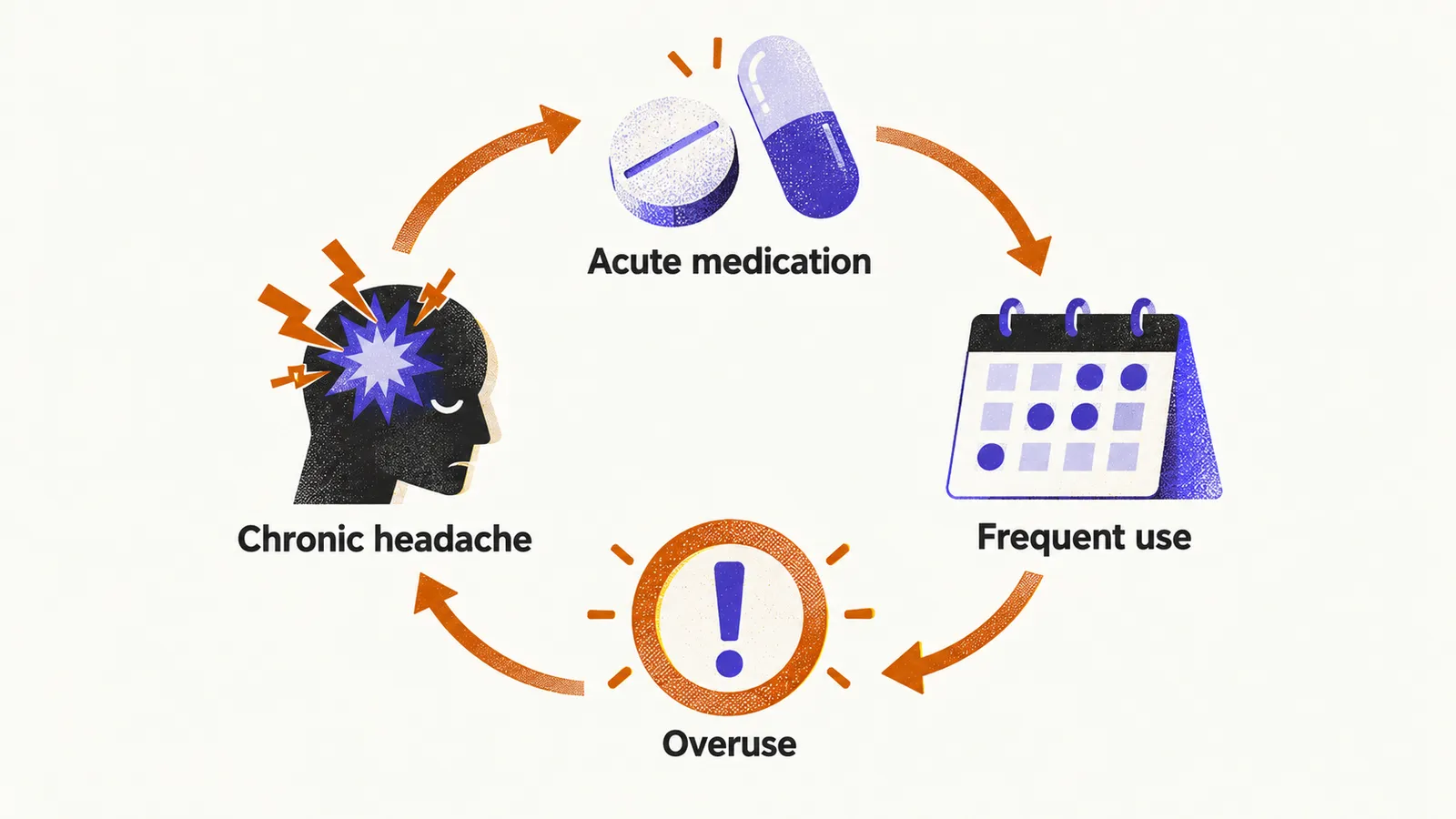 A circular arrow loop with four labelled stations, a pill for acute medication, frequent use, overuse, and chronic headache, feeding back to the pill.