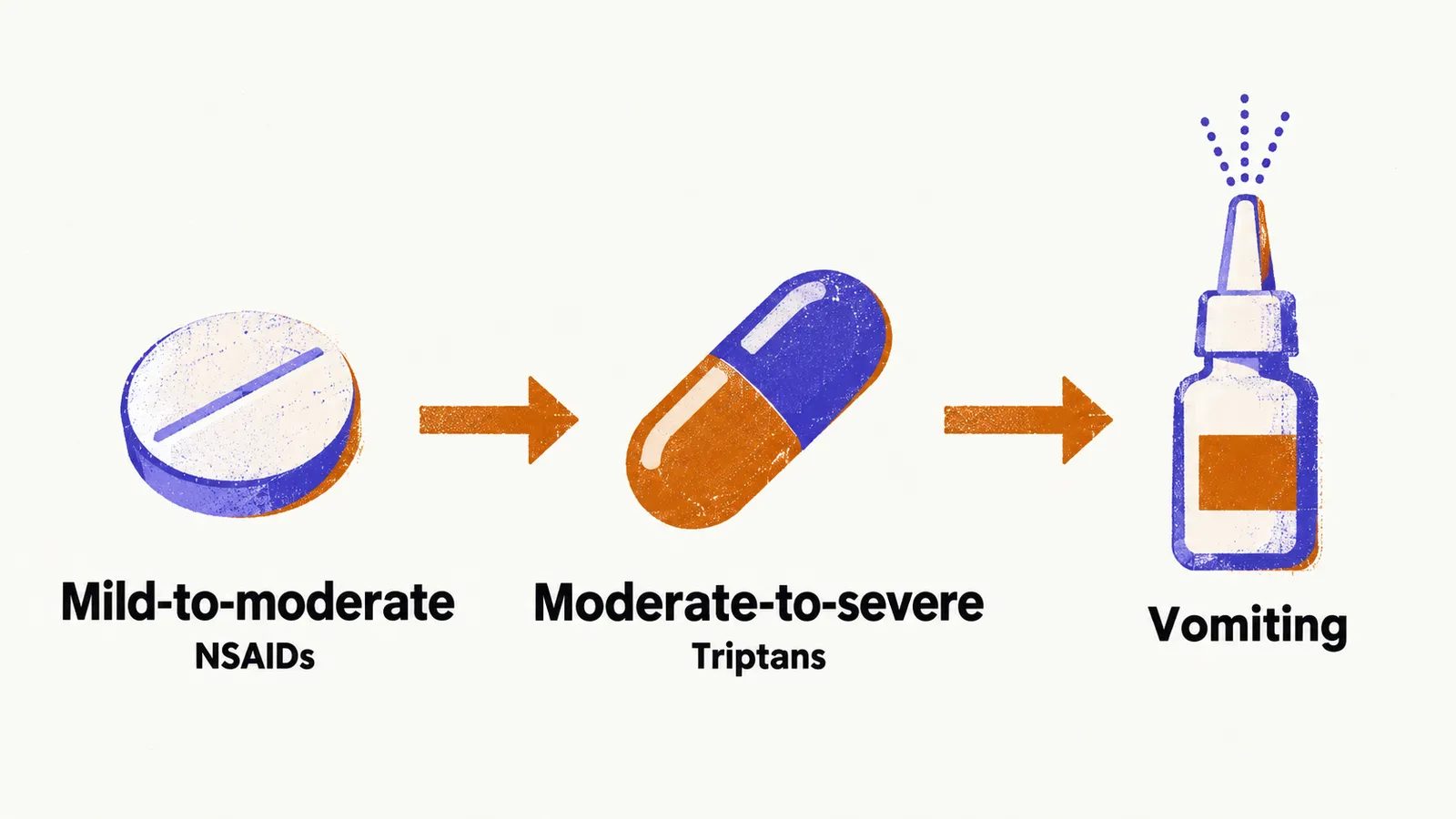 An escalation pathway for acute migraine, from NSAIDs for mild-to-moderate attacks to triptans for moderate-to-severe attacks, with a non-oral option when vomiting.
