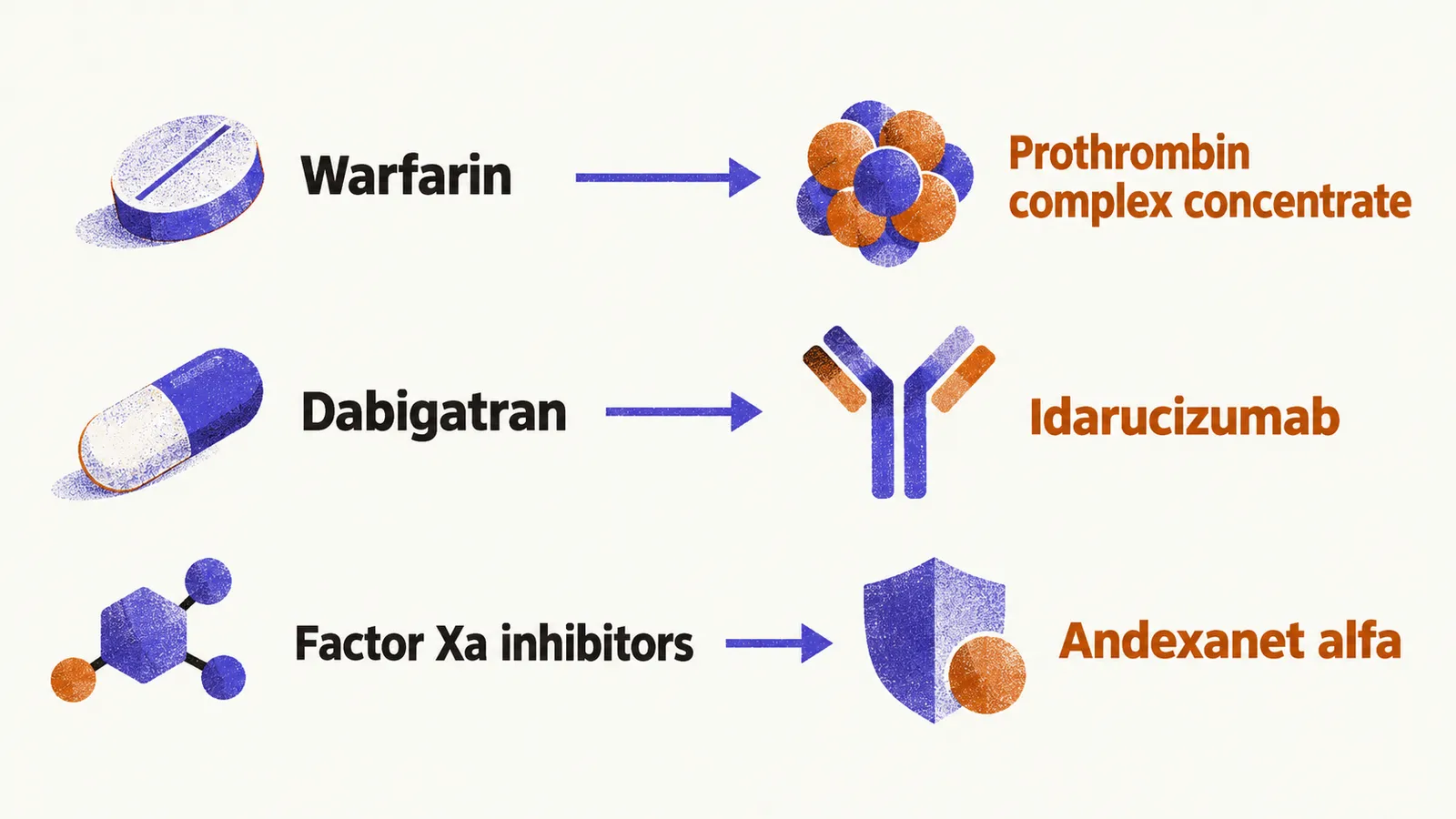 Three arrows pairing anticoagulants with their reversal agents, warfarin to prothrombin complex concentrate, dabigatran to idarucizumab, and factor Xa inhibitors to andexanet alfa.