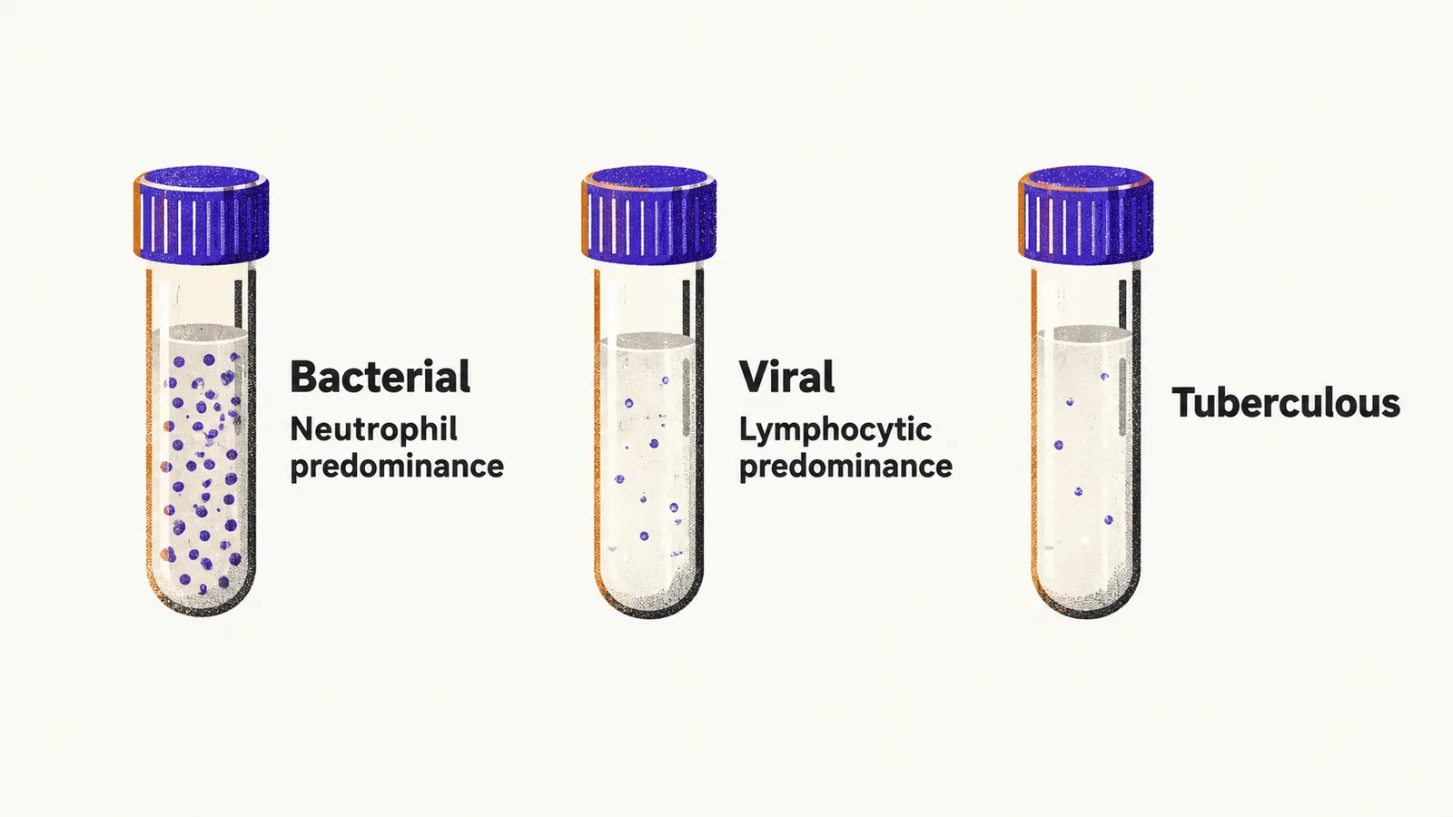 Three sample tubes in a row: the bacterial tube is cloudy with many dense dots labelled neutrophil predominance, and the viral and tuberculous tubes are clear with sparse dots.