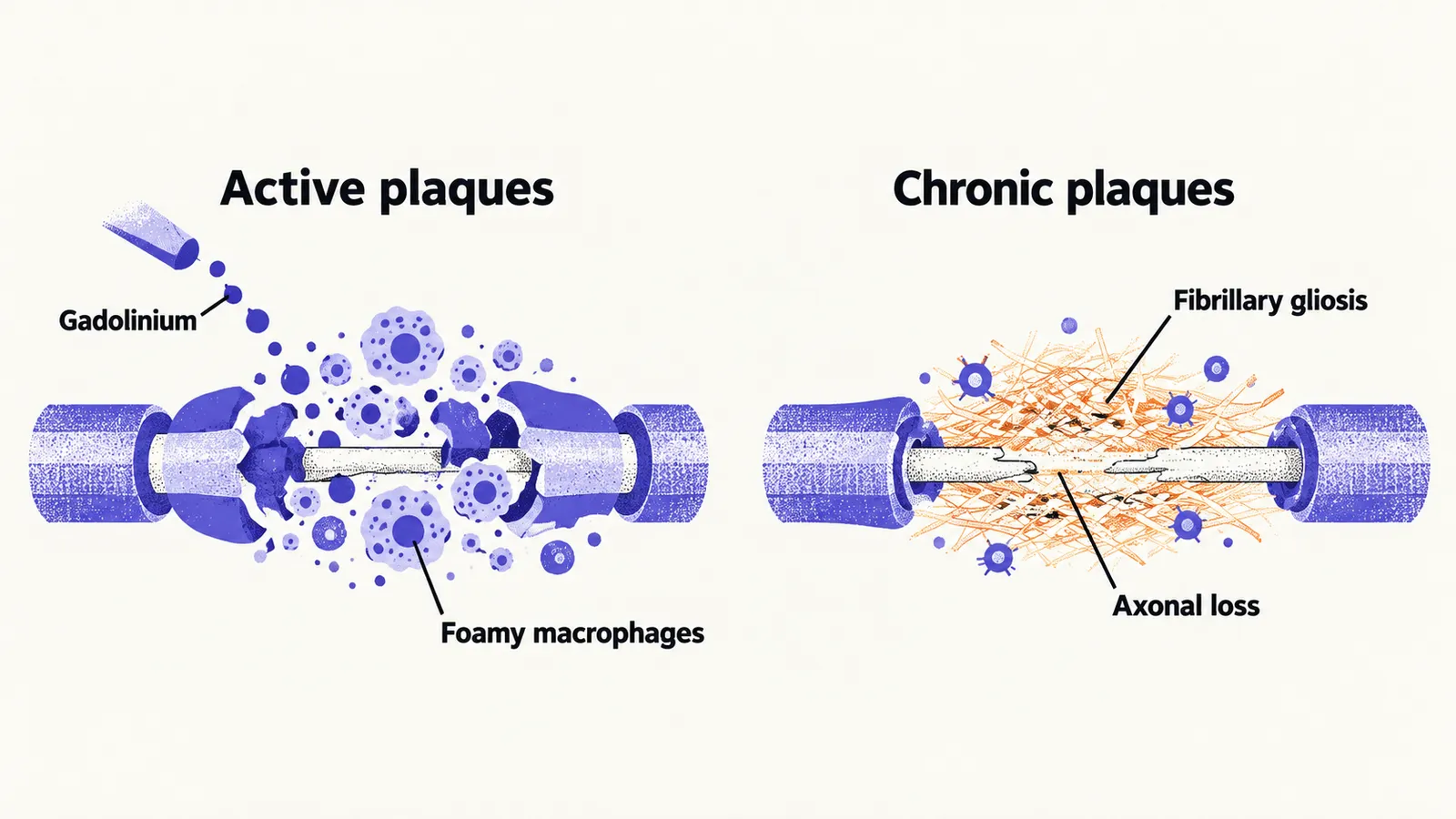 Two panels contrast an active plaque crowded with foamy macrophages where gadolinium leaks in with a chronic scarred plaque of fibrillary gliosis and axonal loss.