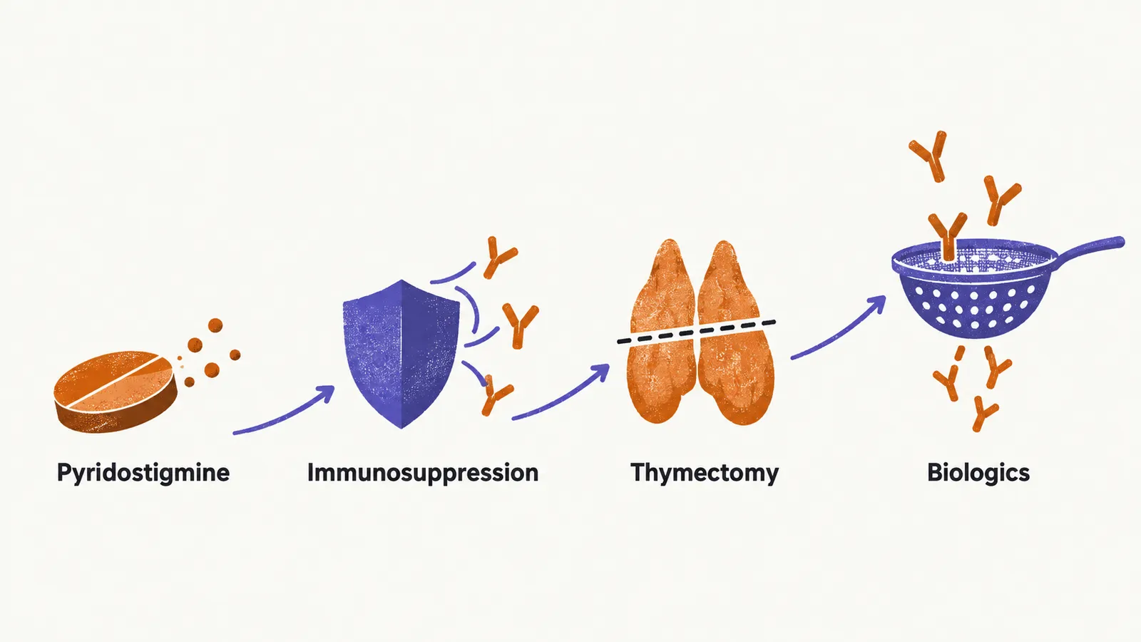 Four rising steps read left to right, a tablet releasing dots, a shield deflecting antibody shapes, a thymus gland with a removal line, and a sieve catching antibody shapes.
