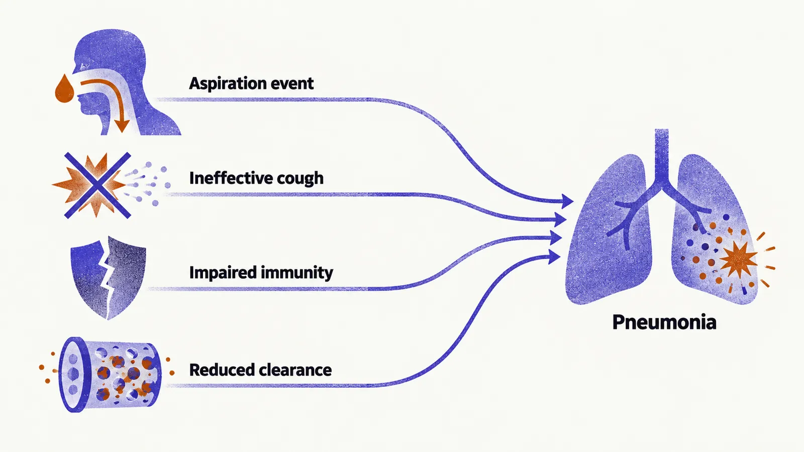 An aspiration event, an ineffective cough, impaired immunity and reduced clearance all send lines that meet at a simple lung shape with a microbial cluster.