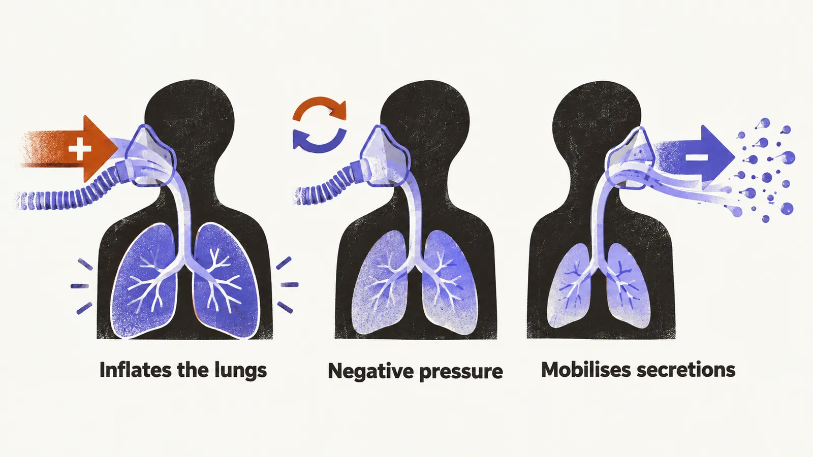 A device inflates the lungs, switches to negative pressure, then pulls a fast outward flow that carries secretions clear of the mask.