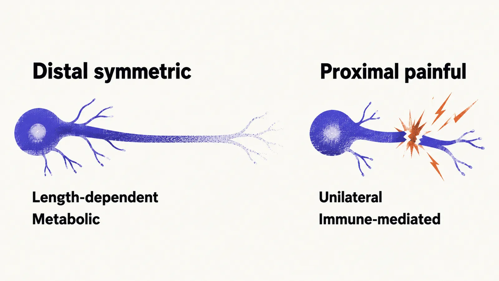Two nerve diagrams side by side, a long fibre fading towards its end for distal symmetric disease, and a short fibre with an inflamed spark for the proximal painful syndrome.