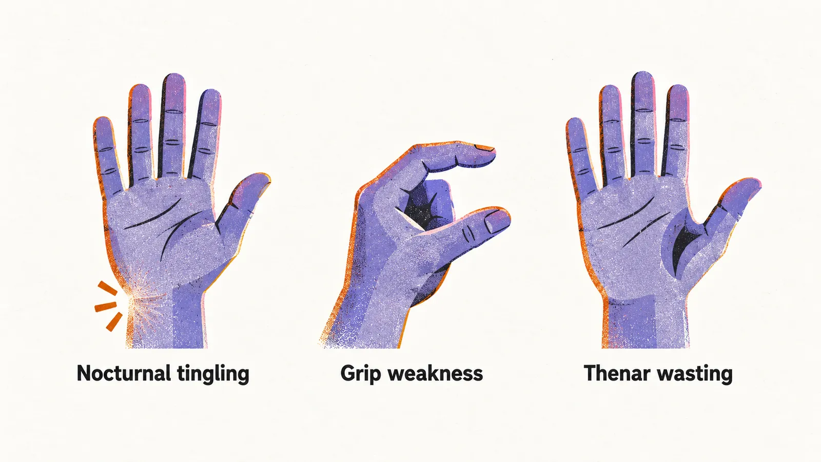 Three simple hands in a row, the first sparking at night, the second with a weak pinch and flattening thumb base, the third with marked thumb-base wasting.