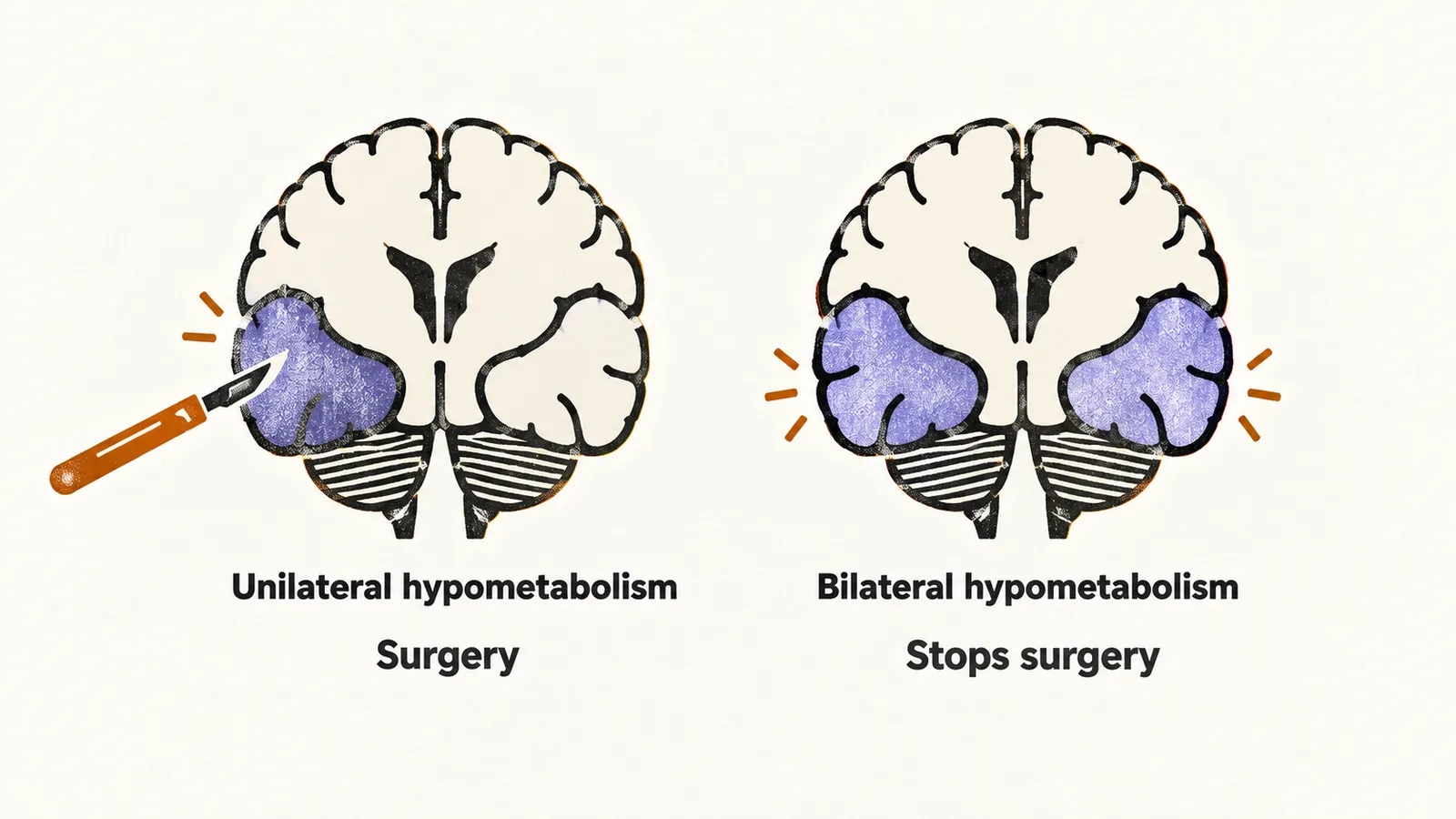 Two brain panels: one with a single pale temporal lobe and a scalpel at it, the other with both temporal lobes pale and no scalpel.