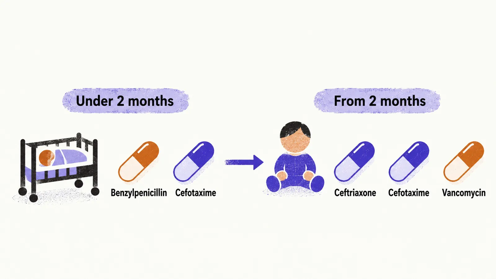 A two-stop timeline: under 2 months shows benzylpenicillin and cefotaxime; from 2 months shows ceftriaxone or cefotaxime, with vancomycin added.
