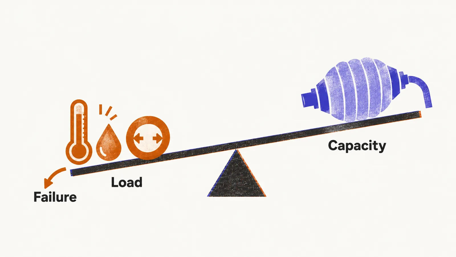 A simple balance beam tipped towards a saffron heap of small shapes on the left, with a single indigo pump shape raised on the right.
