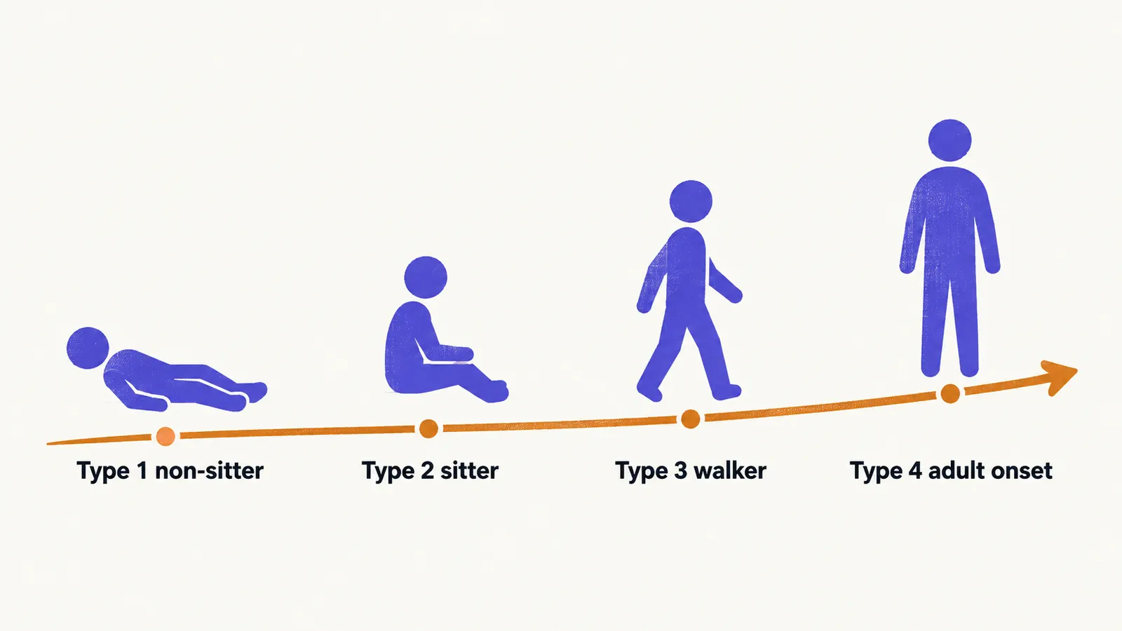 A rising arrow with four plain silhouettes, a reclining shape, a seated shape, a walking shape and a standing shape, labelled from Type 1 non-sitter to Type 4 adult onset.
