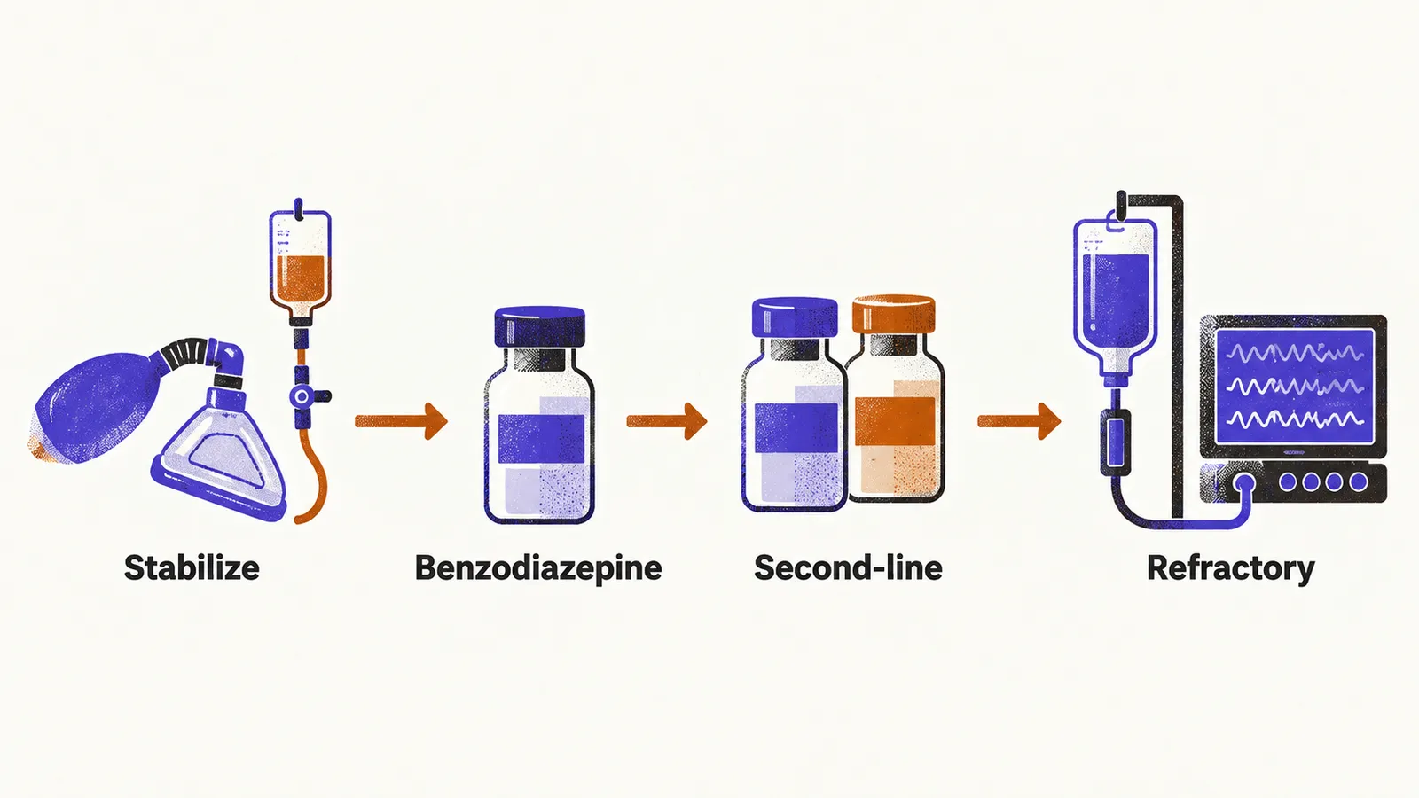 Four steps left to right, a checklist to stabilize, a vial, two vials for second-line therapy, and a drip for refractory sedation.