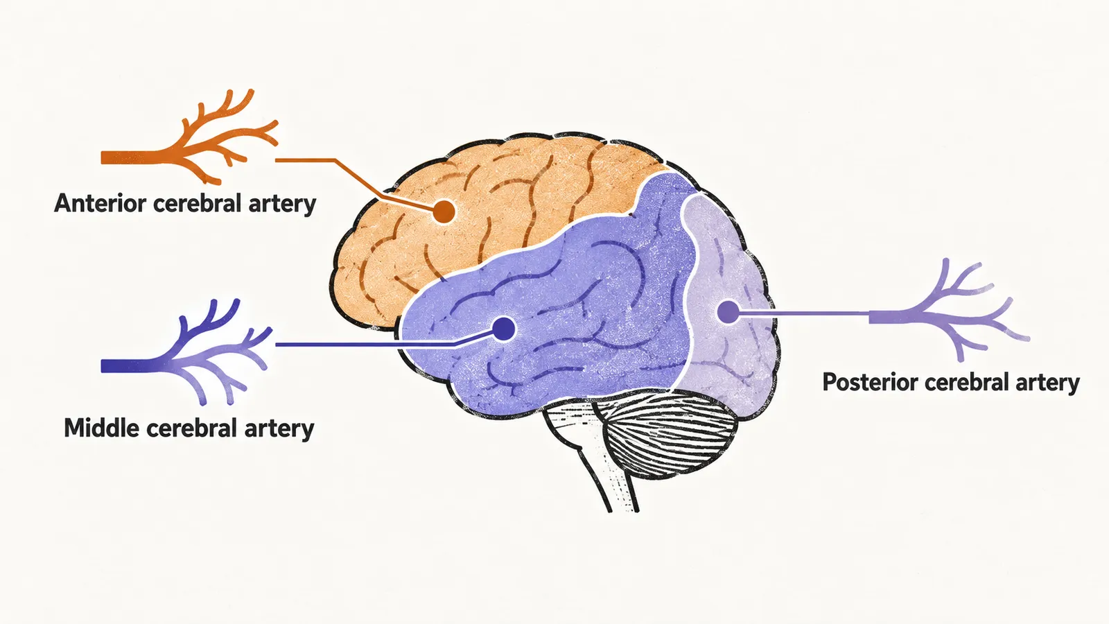 A simple brain outline divided into three regions by boundary lines, with the anterior, middle and posterior cerebral arteries branching into them.