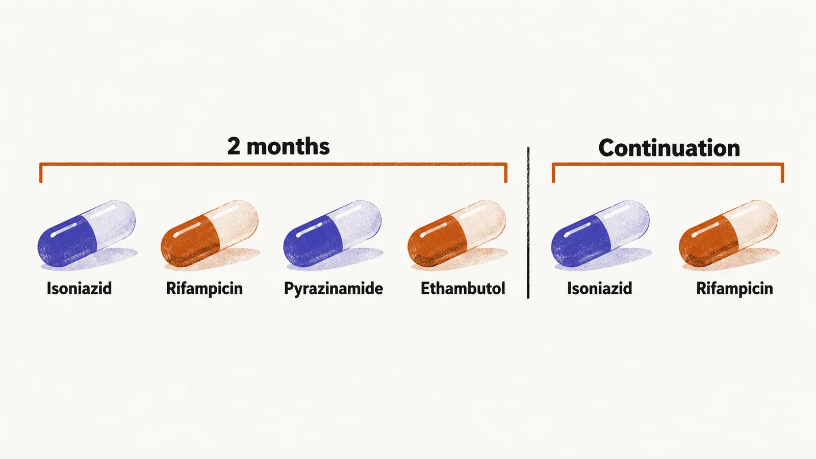 A two-part timeline: four pills labelled isoniazid, rifampicin, pyrazinamide, and ethambutol for the first 2 months, then two pills in the continuation.