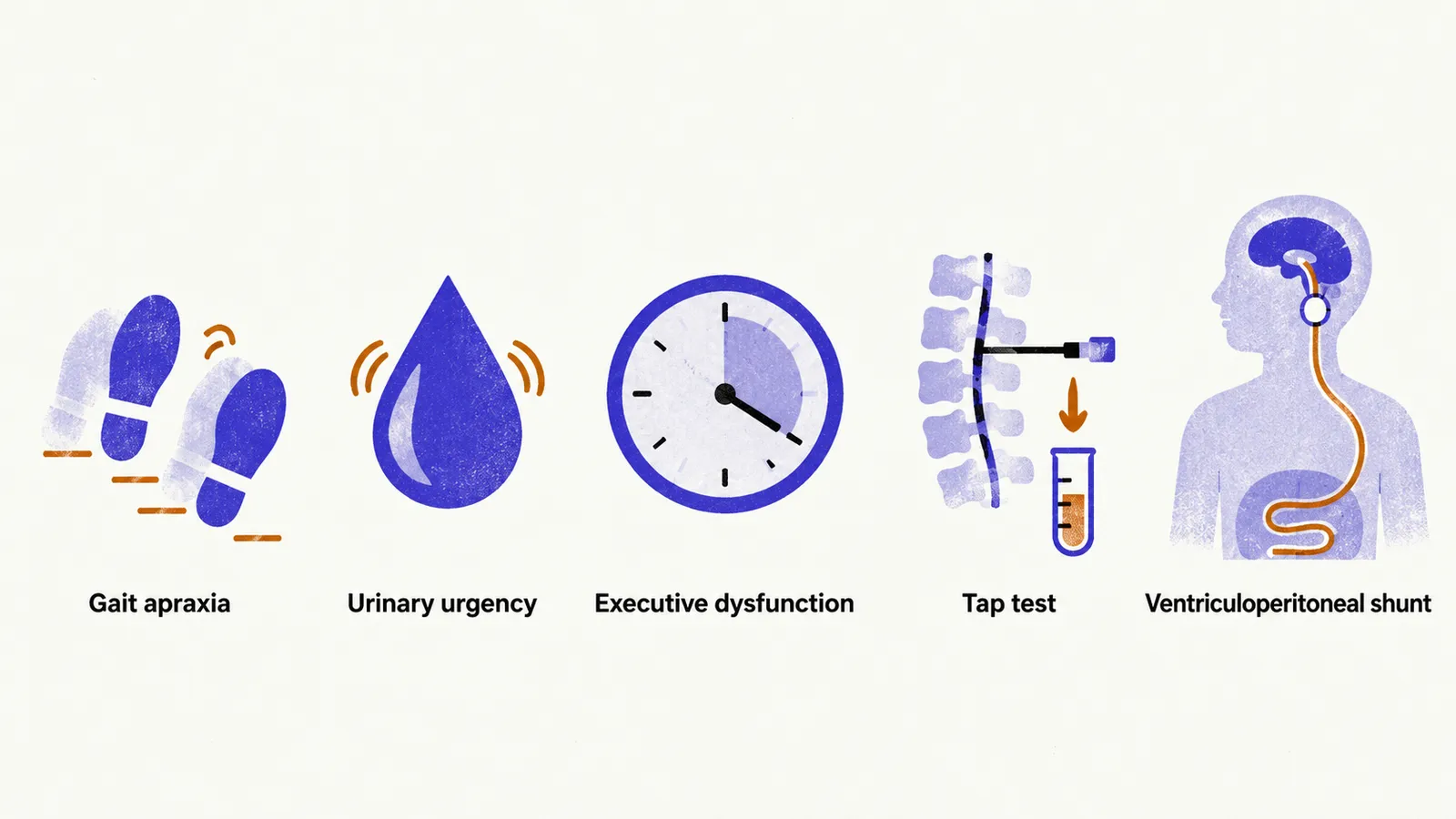 A left-to-right pathway: a footprint, a droplet, and a clock for the triad, then a tap test draining fluid, then a shunt tube.