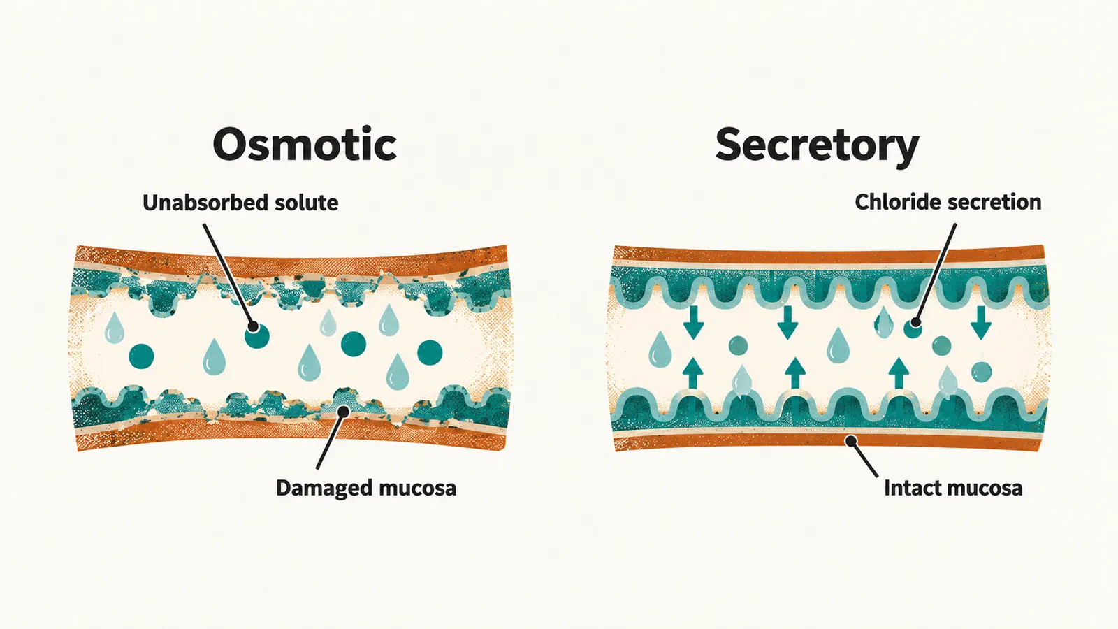 Two side-by-side panels of a bowel tube. The left has a damaged lining with unabsorbed solute and water held in the lumen; the right has an intact wall secreting chloride and water.
