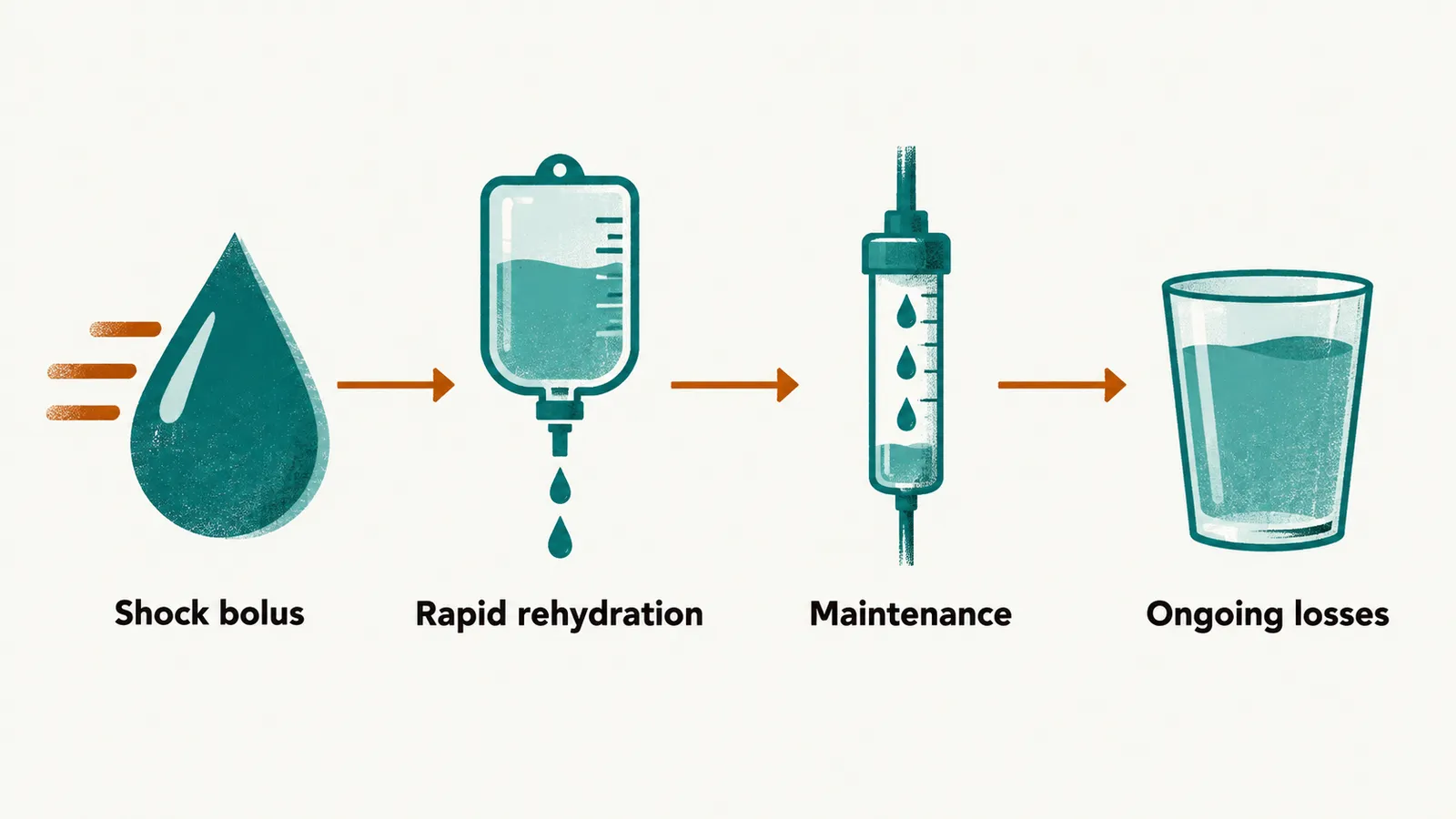 A left-to-right timeline of four steps joined by a line, each with a simple icon, a droplet, a fast drip, a drip chamber and a drinking glass.