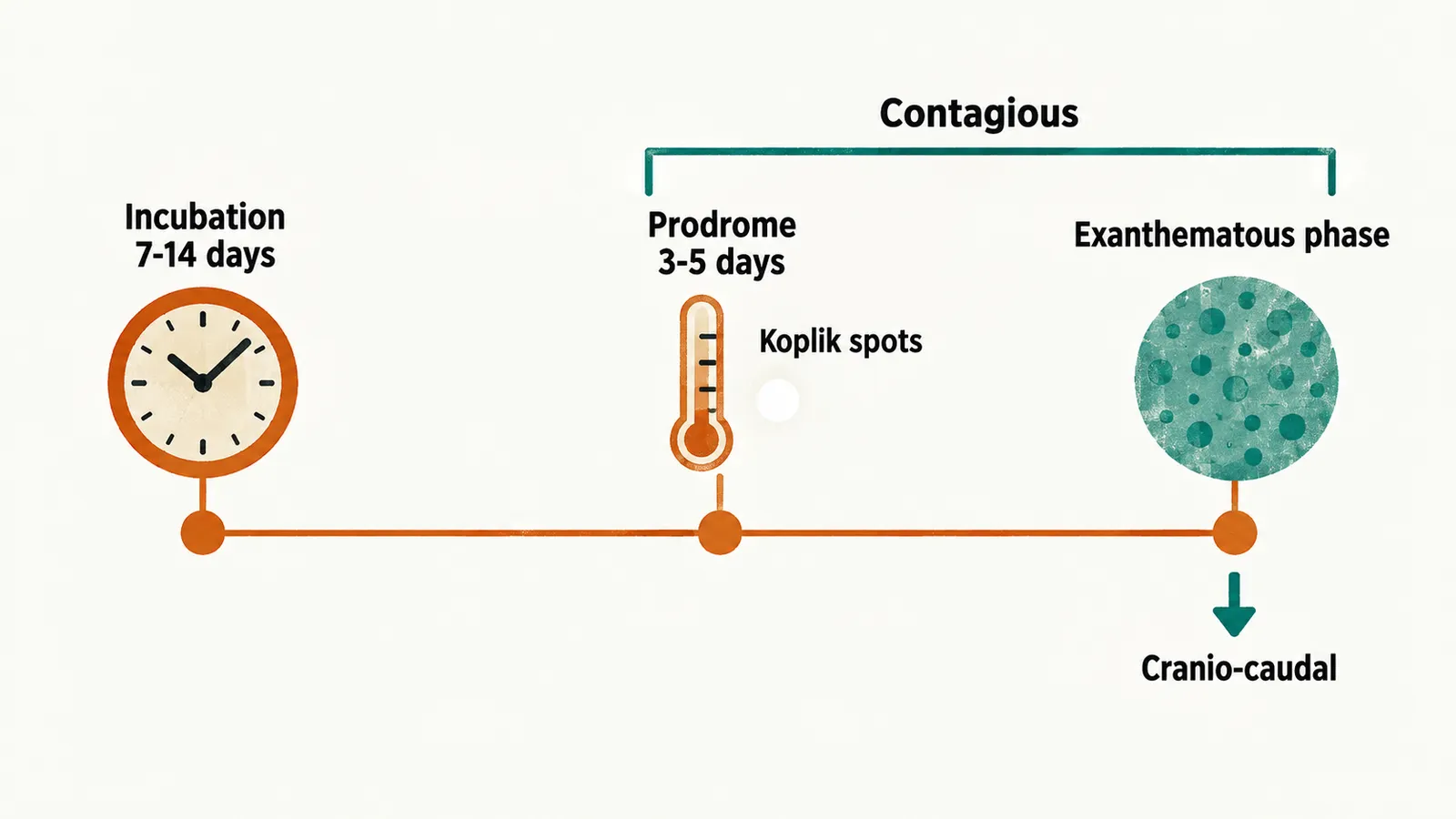 Timeline on cream paper. Clock Incubation 7-14 days, thermometer Prodrome 3-5 days beside a dot for Koplik spots, spotted disc Exanthematous phase, Cranio-caudal arrow, bracket tagged Contagious.